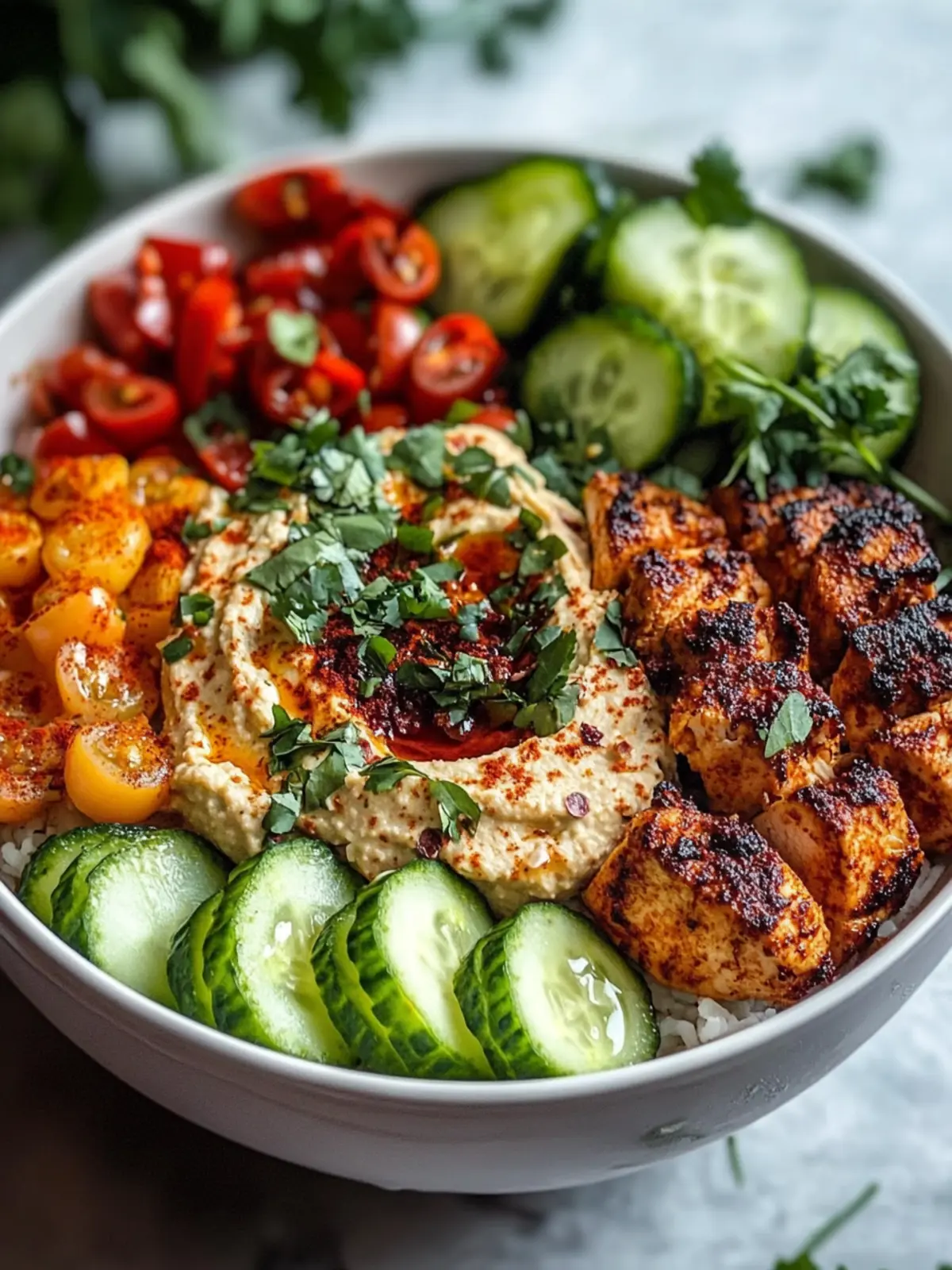 Spicy Garlic Chicken Bowls with Hummus and Crunchy Salad 3 Spicy Garlic Chicken Bowls with Hummus and Cucumber Salad