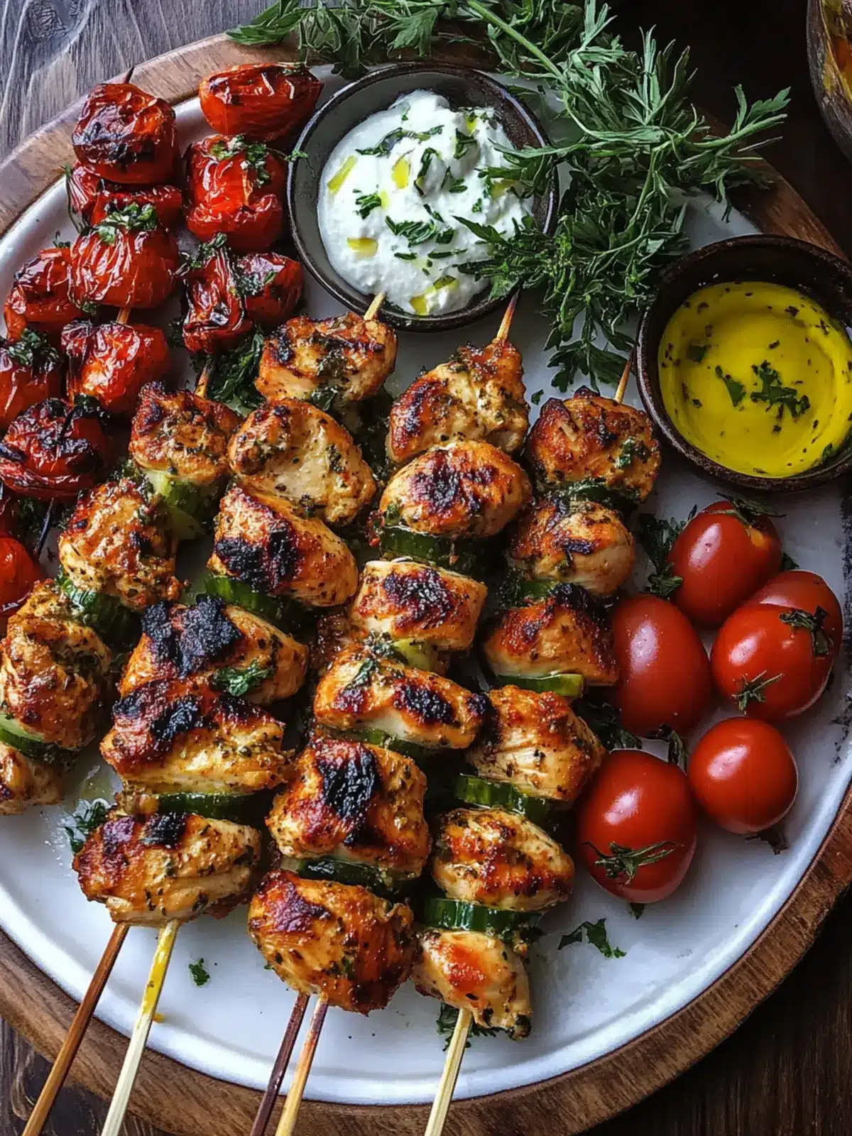 Mediterranean Chicken Skewers with Mezze Tray for Easy Feasting 2 Mediterranean Chicken Skewers with Mezze Tray