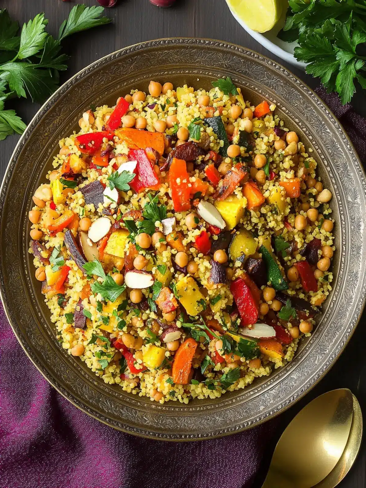 Flavor-Packed Moroccan Couscous with Roasted Veggies & Chick Peas 3 Moroccan Couscous with Roasted Vegetables Chick Peas and Almonds