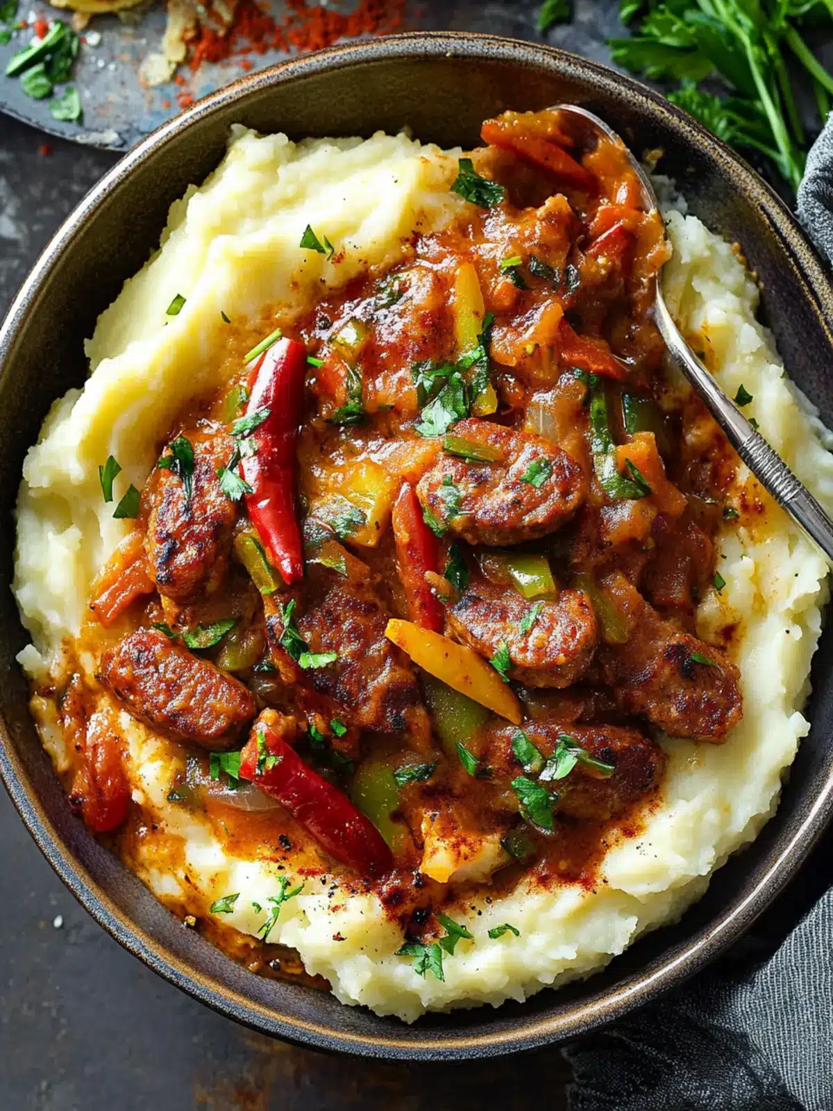 Creamy Sausage and Peppers over Mashed Potatoes Bliss 2 Creamy Sausage and Peppers over Mashed Potatoes
