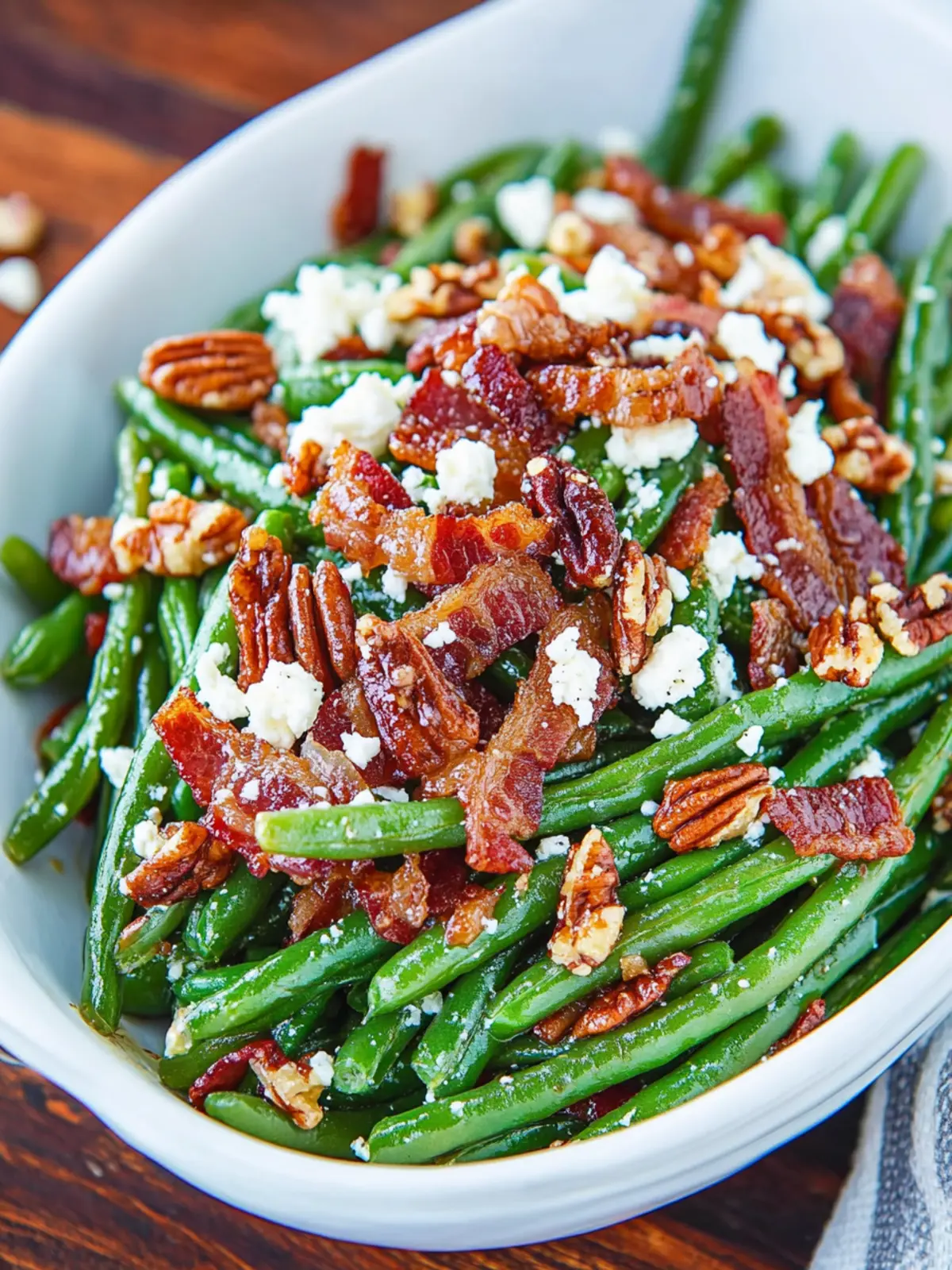 Maple Dijon Green Beans with Bacon and Goat Cheese Bliss 2 Maple Dijon Green Beans with Bacon, Candied Pecans and Goat Cheese