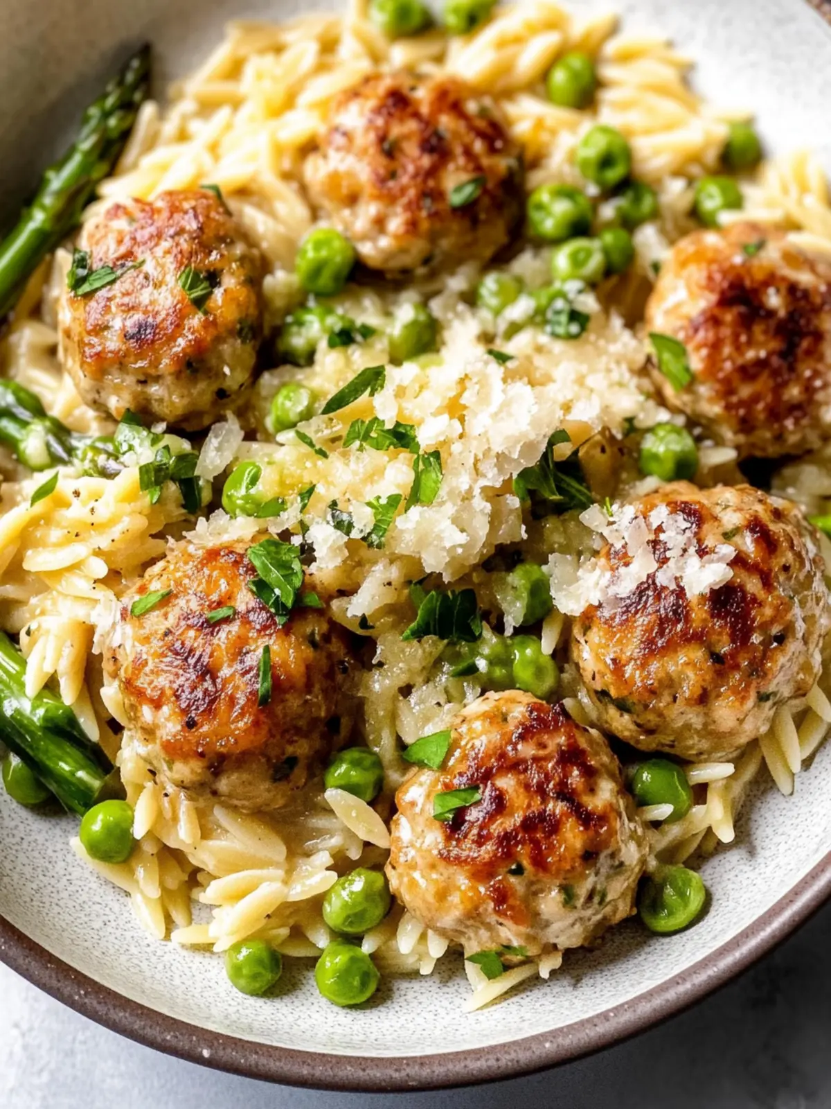 Savory Lemony Boursin Chicken Meatballs with Cheesy Asparagus Orzo 2 Lemony Boursin Chicken Meatballs with Cheesy Asparagus Orzo