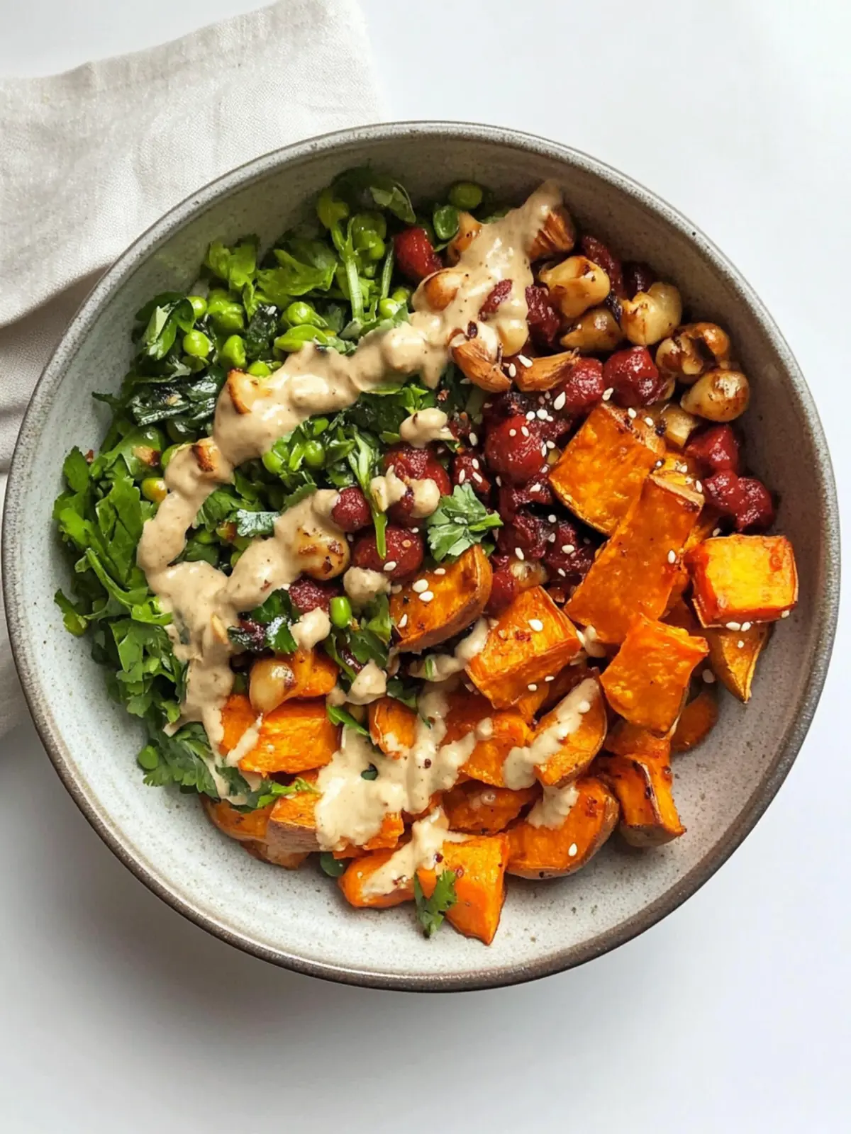 Roasted Sweet Potato Bowl with Tahini-Chili Crisp Sauce Bliss 4 Roasted Sweet Potato Bowl with Tahini-Chili Crisp Sauce