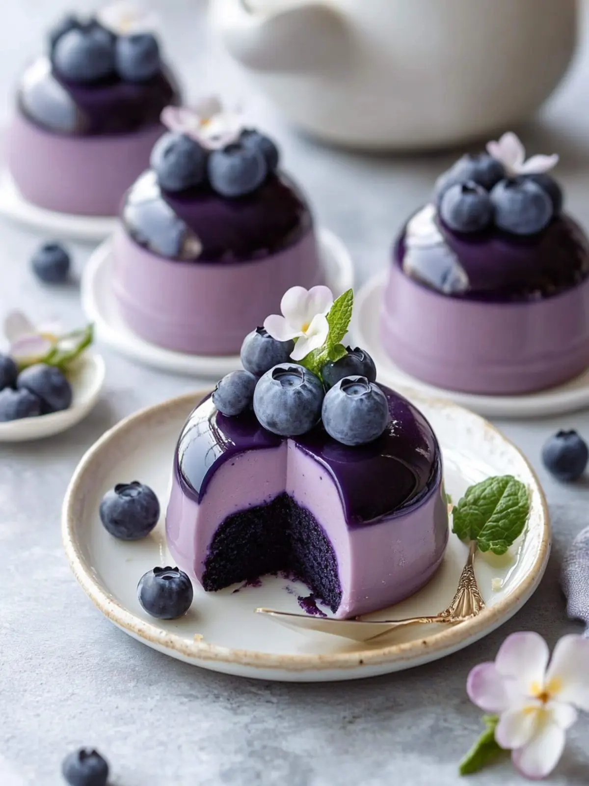 Mini Blueberry Mousse Cakes with Mirror Glaze to Wow Your Guests 3 Mini Blueberry Mousse Cakes with Mirror Glaze