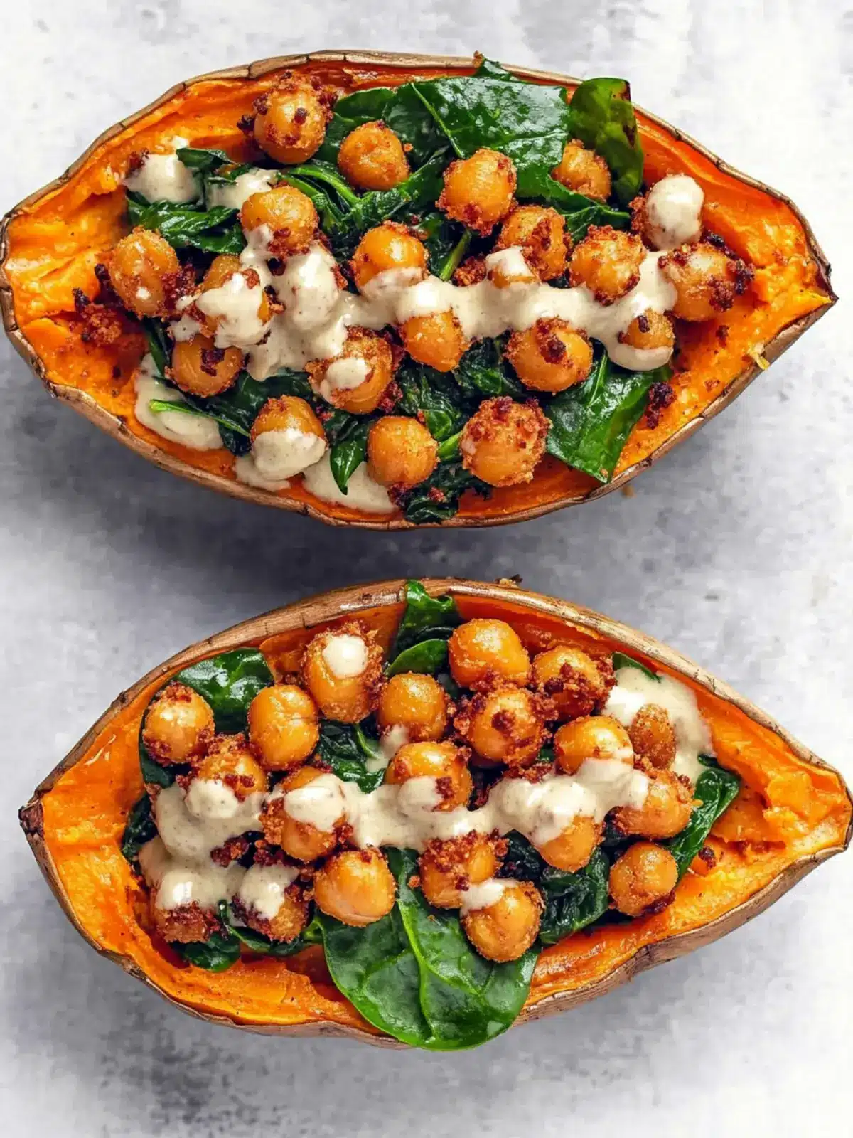 Stuffed Sweet Potato with Crispy Chickpeas and Spinach Delight 4 Stuffed Sweet Potato with Crispy Chickpeas, Spinach and Tahini