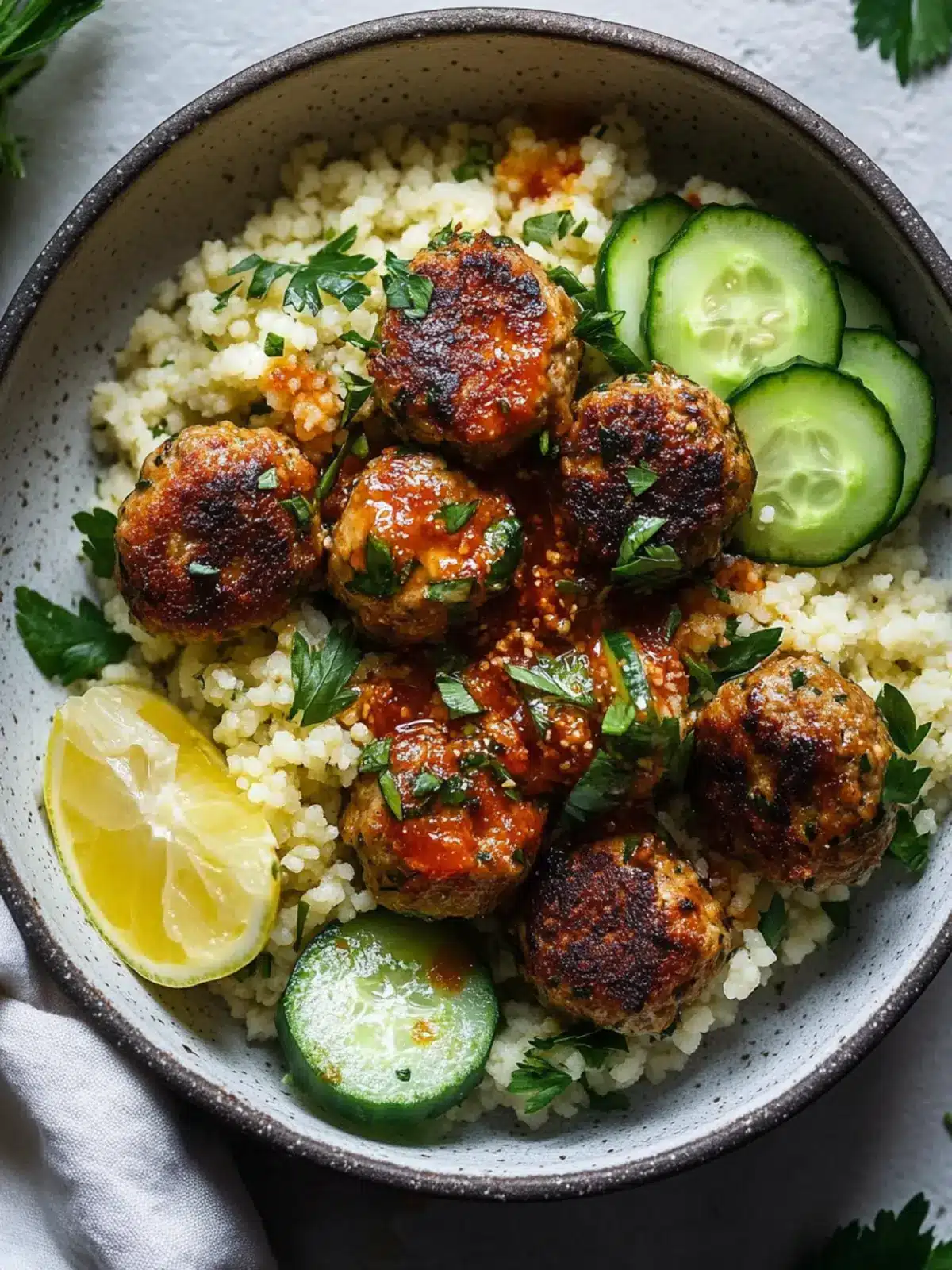 Harissa Chicken Meatballs with Couscous and Cucumber Salad Bliss 2 Harissa Chicken Meatballs with Couscous and Cucumber Herb Salad