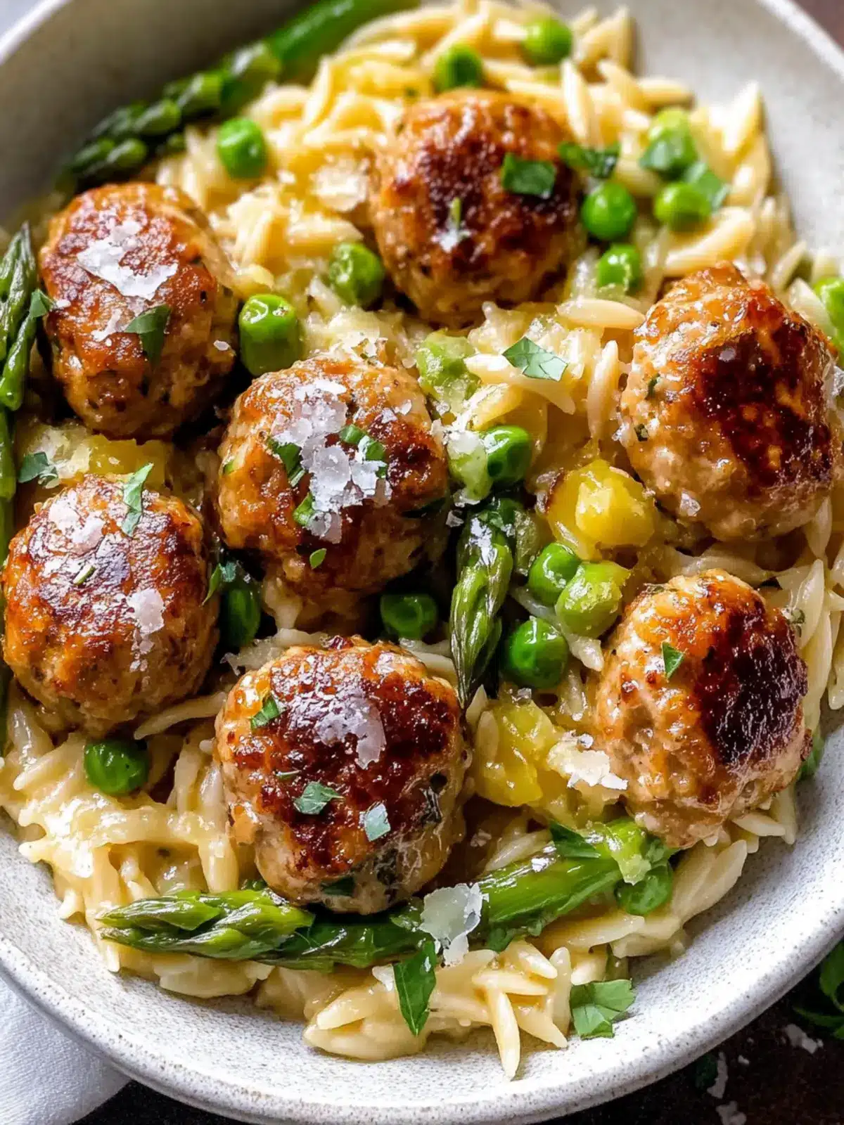 Savory Lemony Boursin Chicken Meatballs with Cheesy Asparagus Orzo 3 Lemony Boursin Chicken Meatballs with Cheesy Asparagus Orzo
