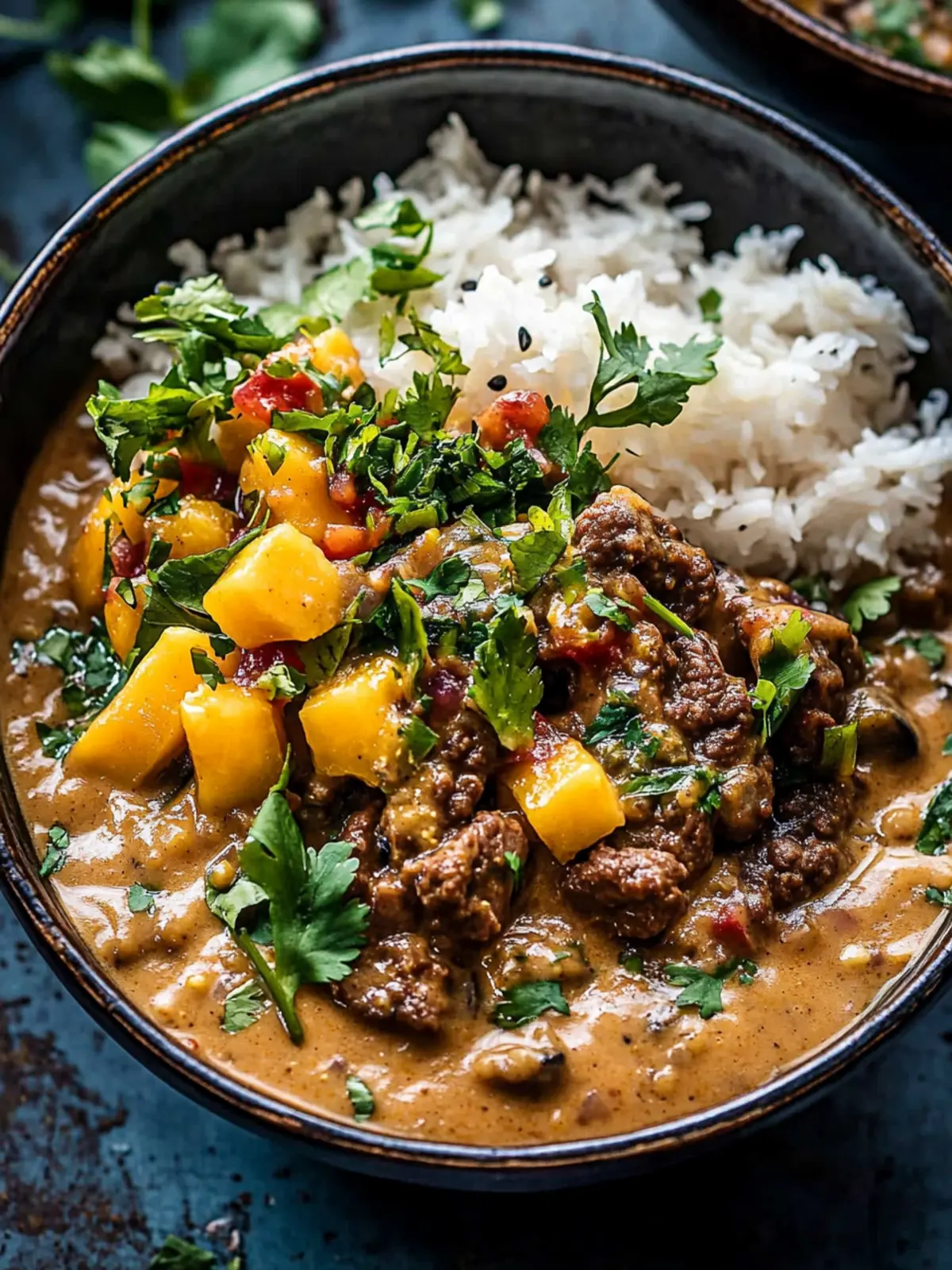 Creamy Peanut Beef Curry with Mushrooms & Fresh Mango Salsa 3 Creamy Peanut Beef Curry with Mushrooms and Bright Mango Salsa