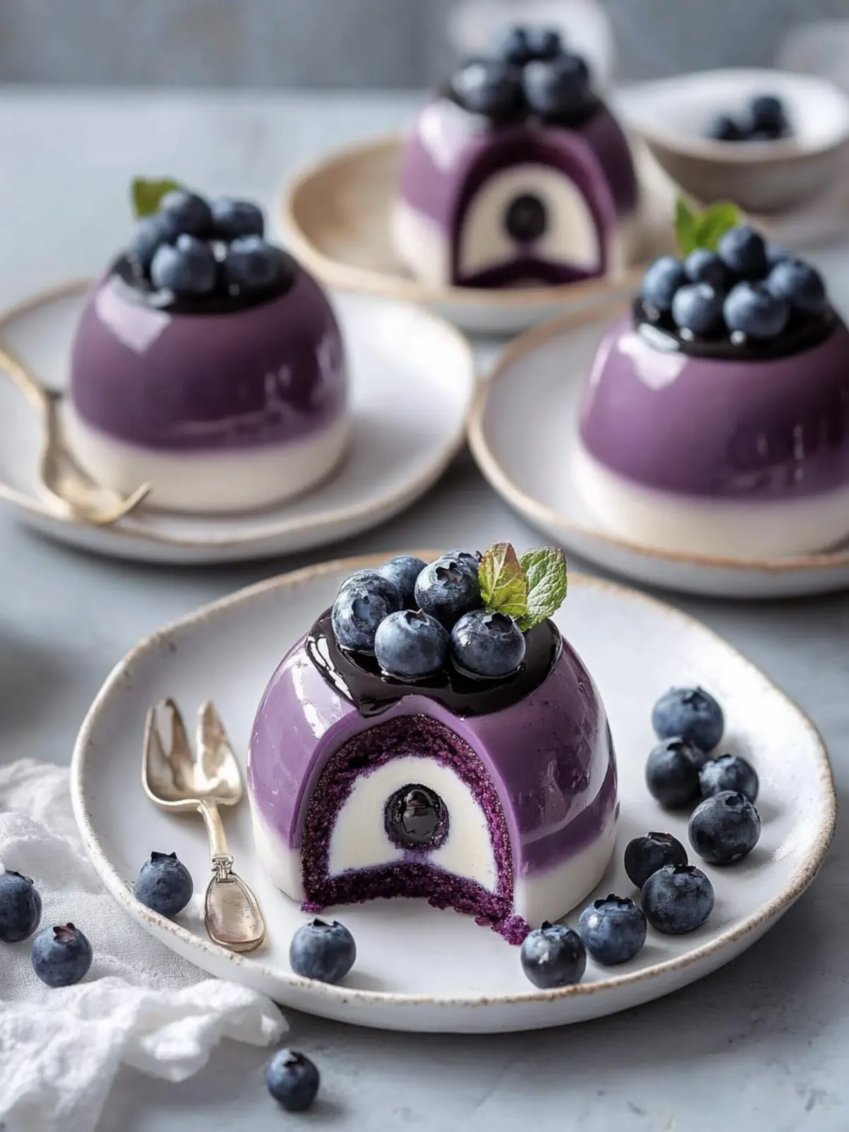 Mini Blueberry Mousse Cakes with Mirror Glaze to Wow Your Guests 4 Mini Blueberry Mousse Cakes with Mirror Glaze