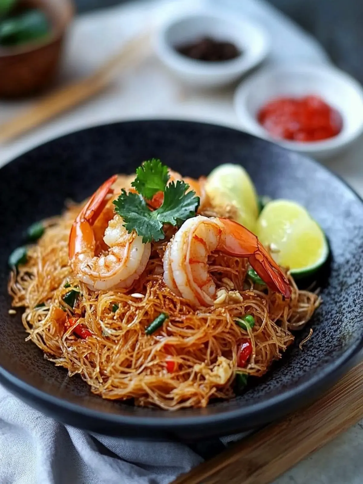 Fried Mee Siam Vermicelli with Crispy Shrimp Delight 4 Fried Mee Siam (Vermicelli) with Crispy Shrimp