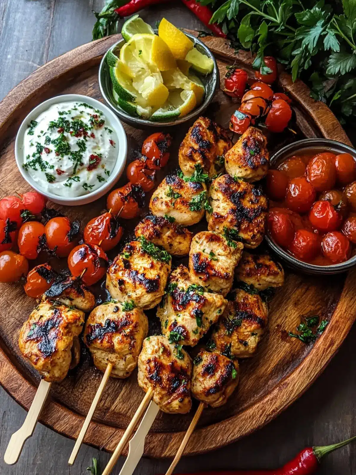 Mediterranean Chicken Skewers with Mezze Tray for Easy Feasting 3 Mediterranean Chicken Skewers with Mezze Tray