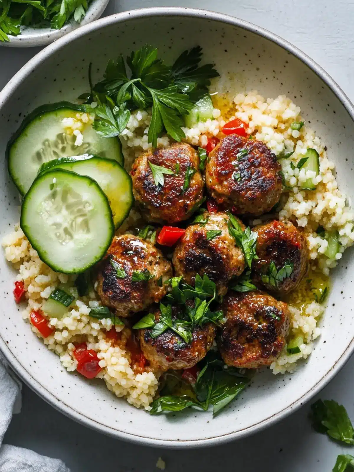 Harissa Chicken Meatballs with Couscous and Cucumber Salad Bliss 4 Harissa Chicken Meatballs with Couscous and Cucumber Herb Salad