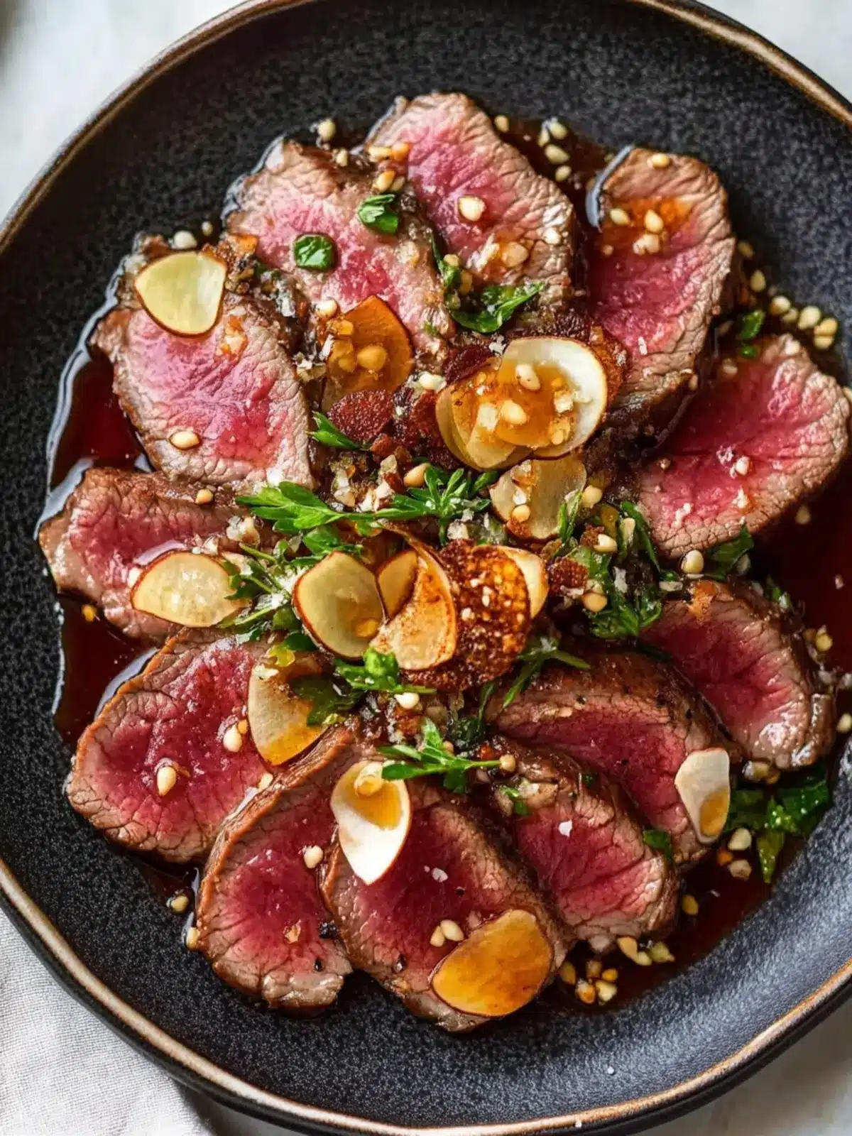 Ultimate Seared Beef Tataki with Garlic Chips & Ponzu Delight 3 Seared Beef Tataki with Garlic Chips & Ponzu