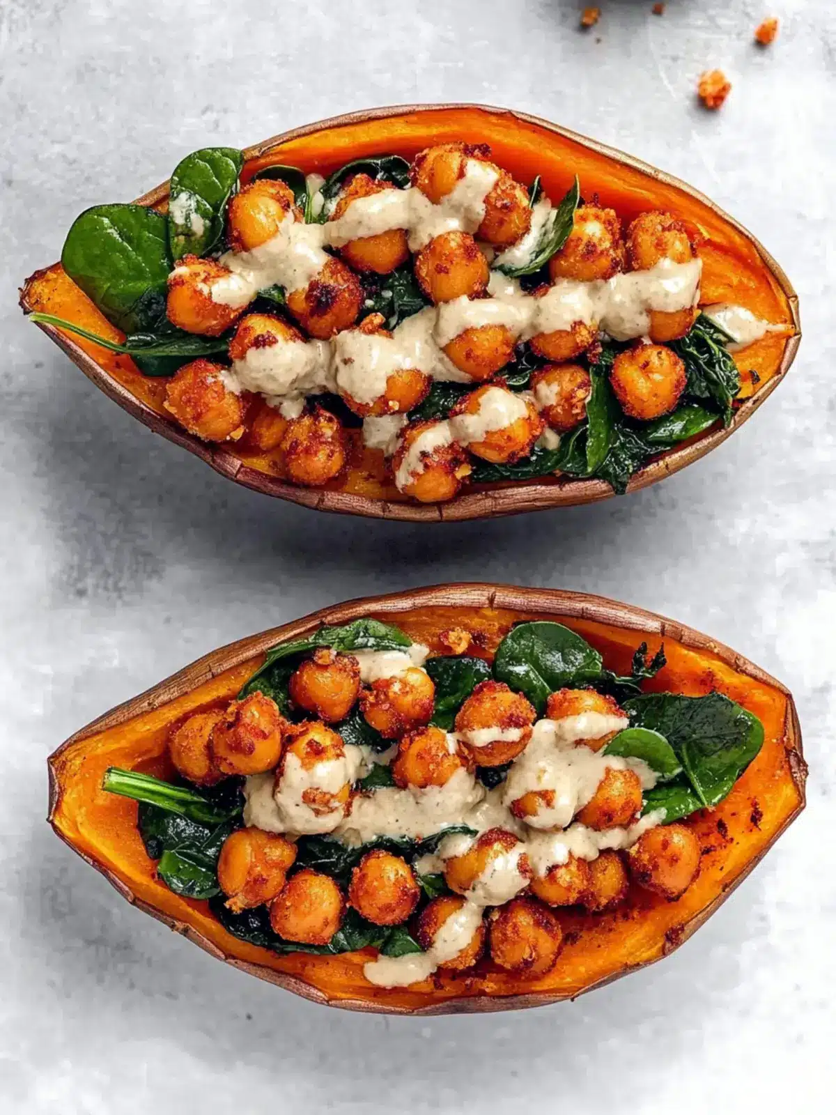 Stuffed Sweet Potato with Crispy Chickpeas and Spinach Delight 3 Stuffed Sweet Potato with Crispy Chickpeas, Spinach and Tahini