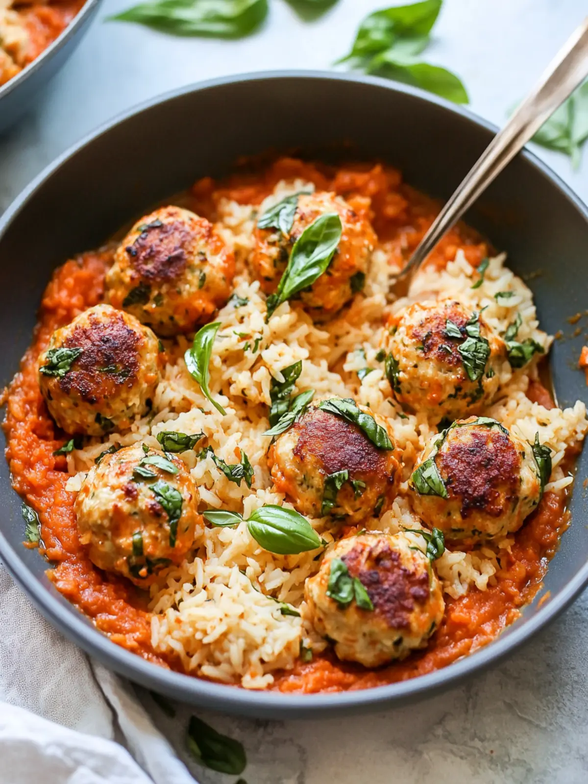Tomato Basil Chicken Meatballs with Creamy Tomato Rice Delight 2 Tomato Basil Chicken Meatballs with Creamy Tomato Rice