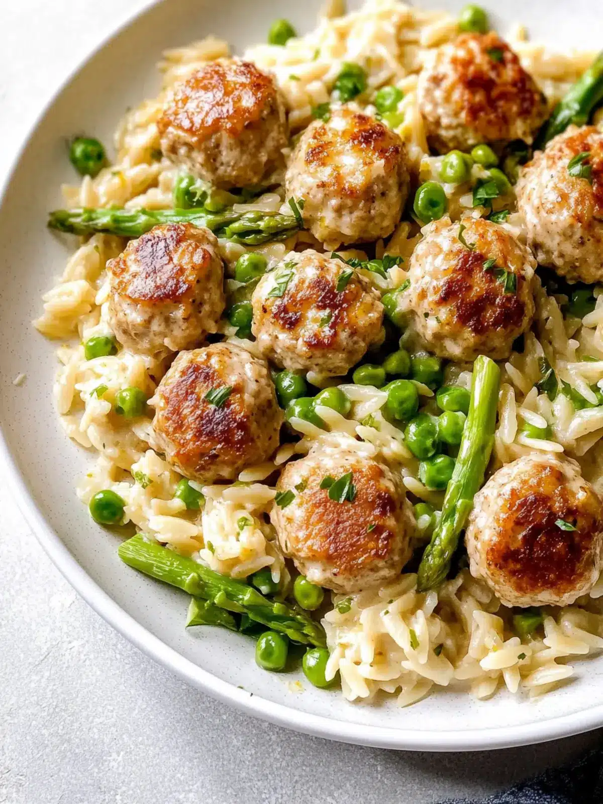 Savory Lemony Boursin Chicken Meatballs with Cheesy Asparagus Orzo 4 Lemony Boursin Chicken Meatballs with Cheesy Asparagus Orzo
