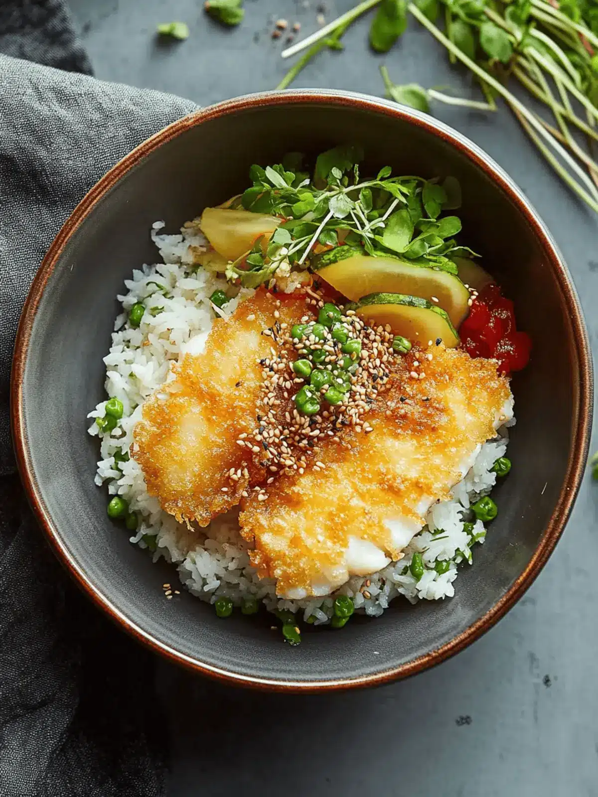 Crispy Halibut Tempura with Spring Onion Rice & Japanese Pickles 2 Halibut Tempura with Japanese Pickles & Spring Onion Rice