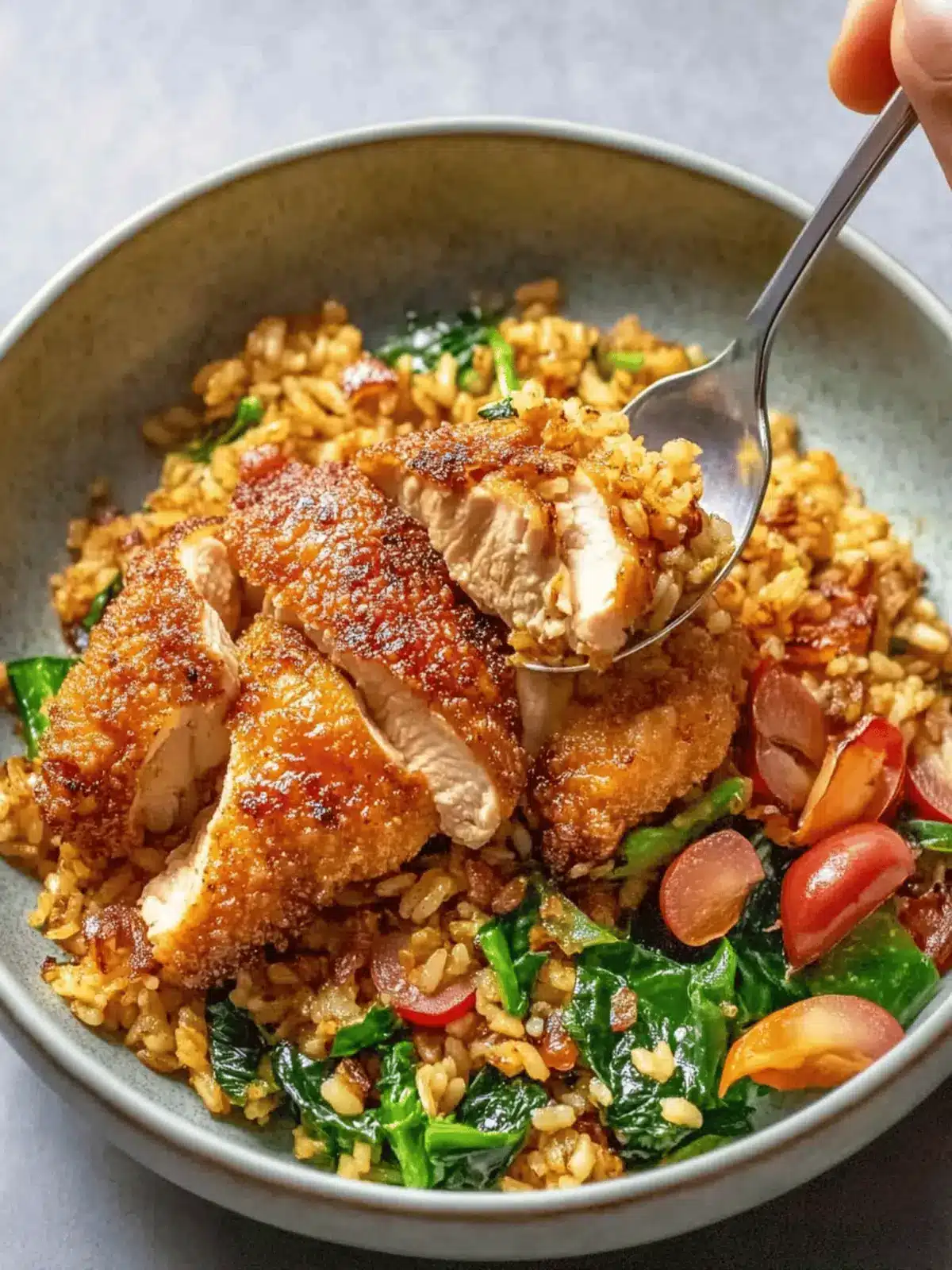 Savor âNo-fry Fried Chicken & Greens Fried Rice Tonight! 4 âNo-fry Fried Chicken & Greens Fried Rice