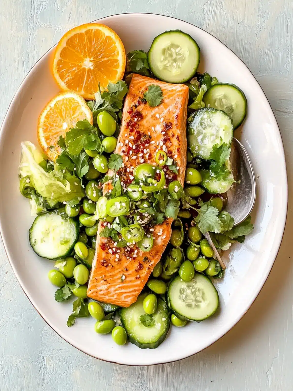 Zesty Orange Salmon with Asian Edamame & Cucumber Salad 4 Orange Salmon with Asian Edamame & Cucumber Salad