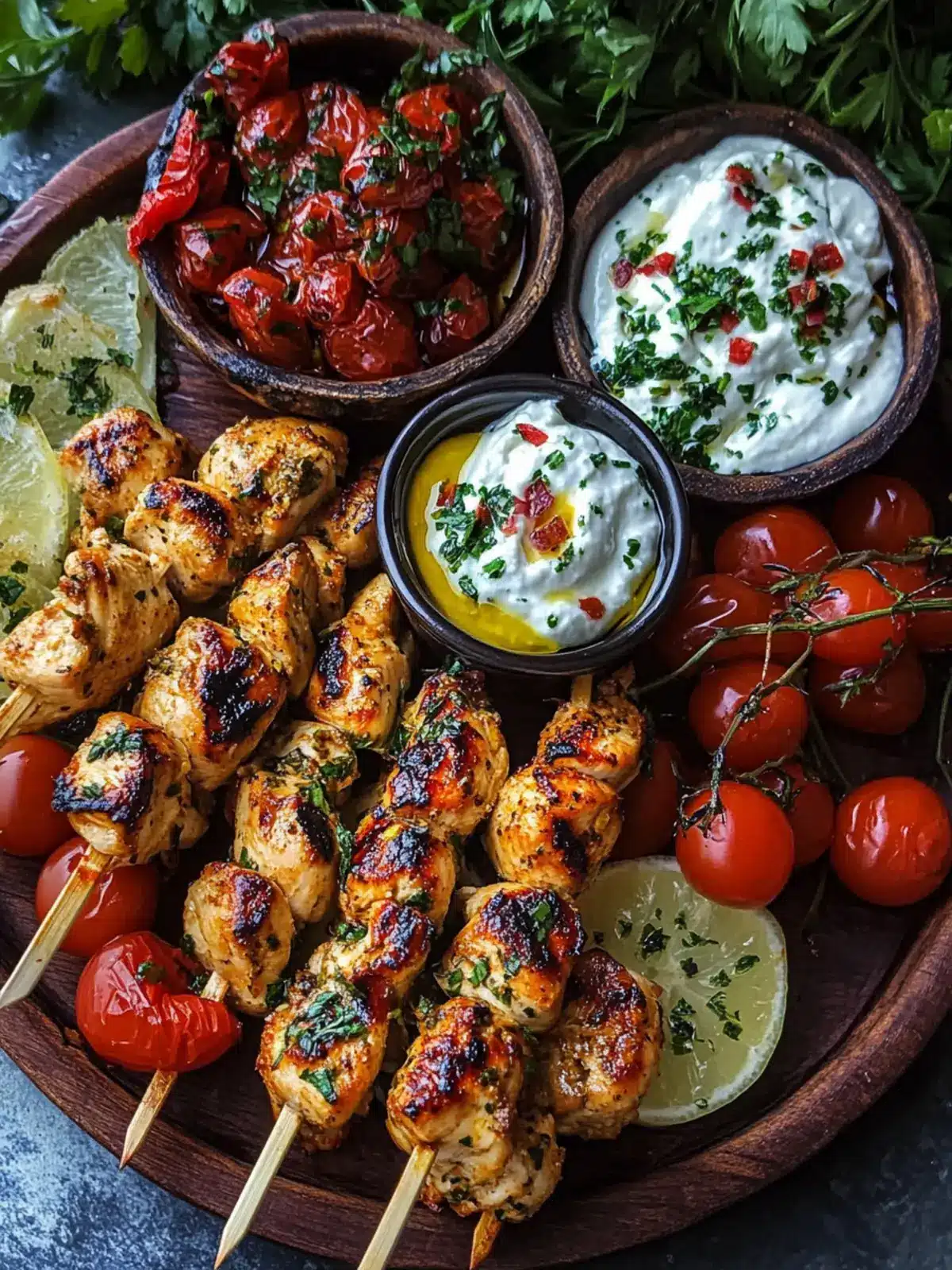 Mediterranean Chicken Skewers with Mezze Tray for Easy Feasting 4 Mediterranean Chicken Skewers with Mezze Tray