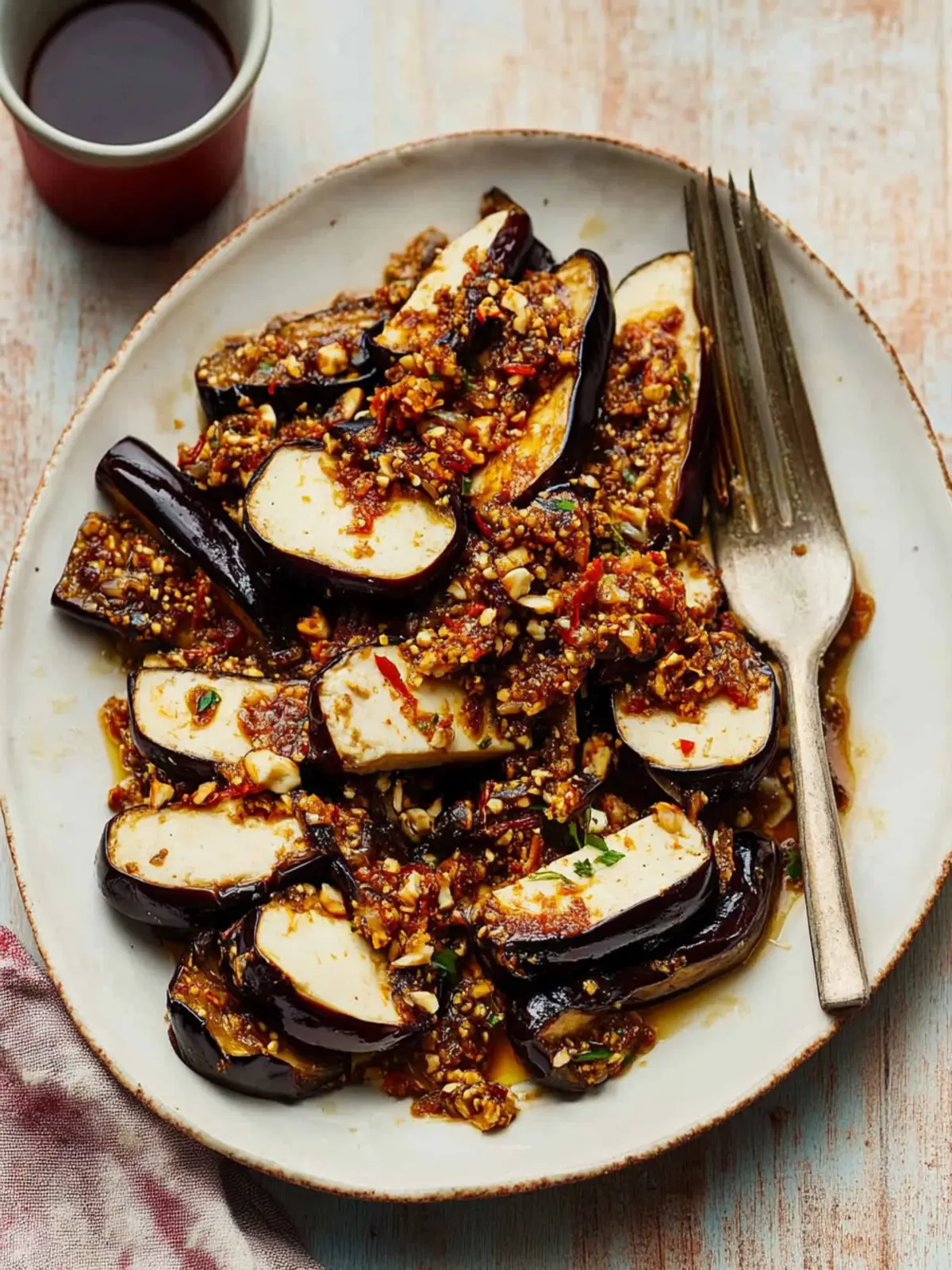 Aubergine and Silken Tofu with Tahini: A Spicy Delight 4 Aubergine and silken tofu with tahini, crispy chilli and spring onions