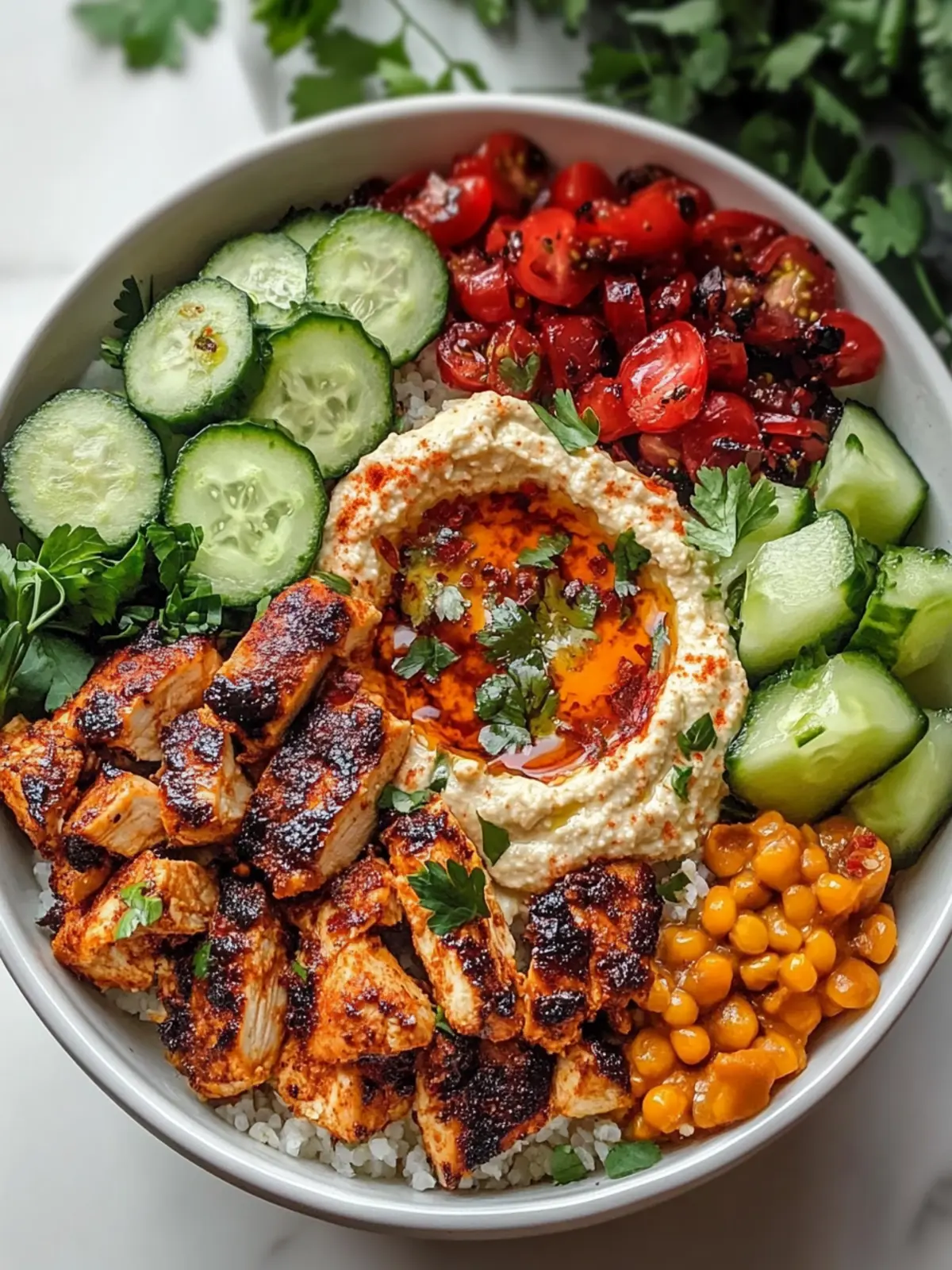Spicy Garlic Chicken Bowls with Hummus and Crunchy Salad 2 Spicy Garlic Chicken Bowls with Hummus and Cucumber Salad