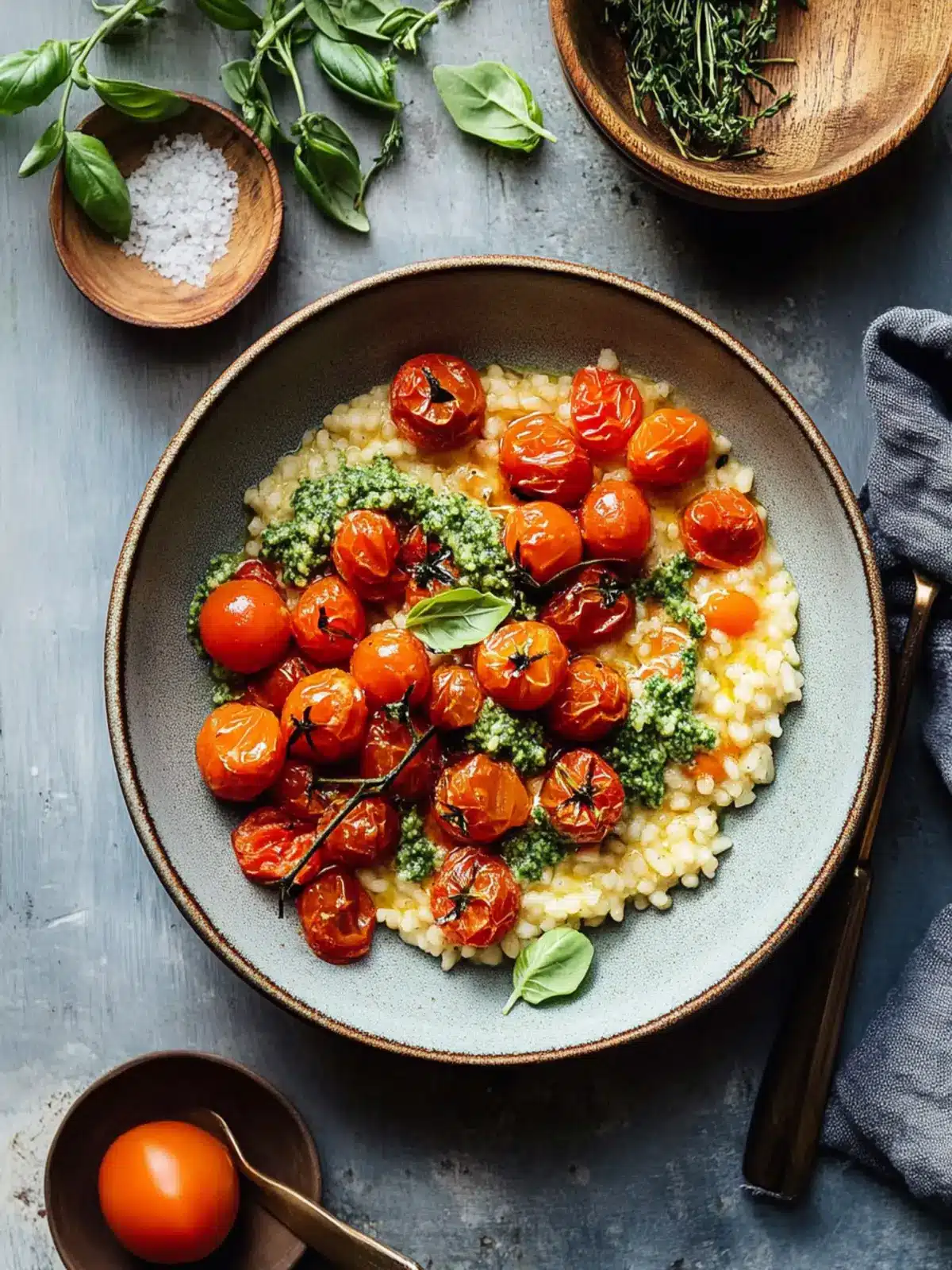 Roast Cherry Tomato and Thyme Risotto with Basil Pesto Bliss 3 Roast Cherry Tomato and Thyme Risotto with Basil Pesto