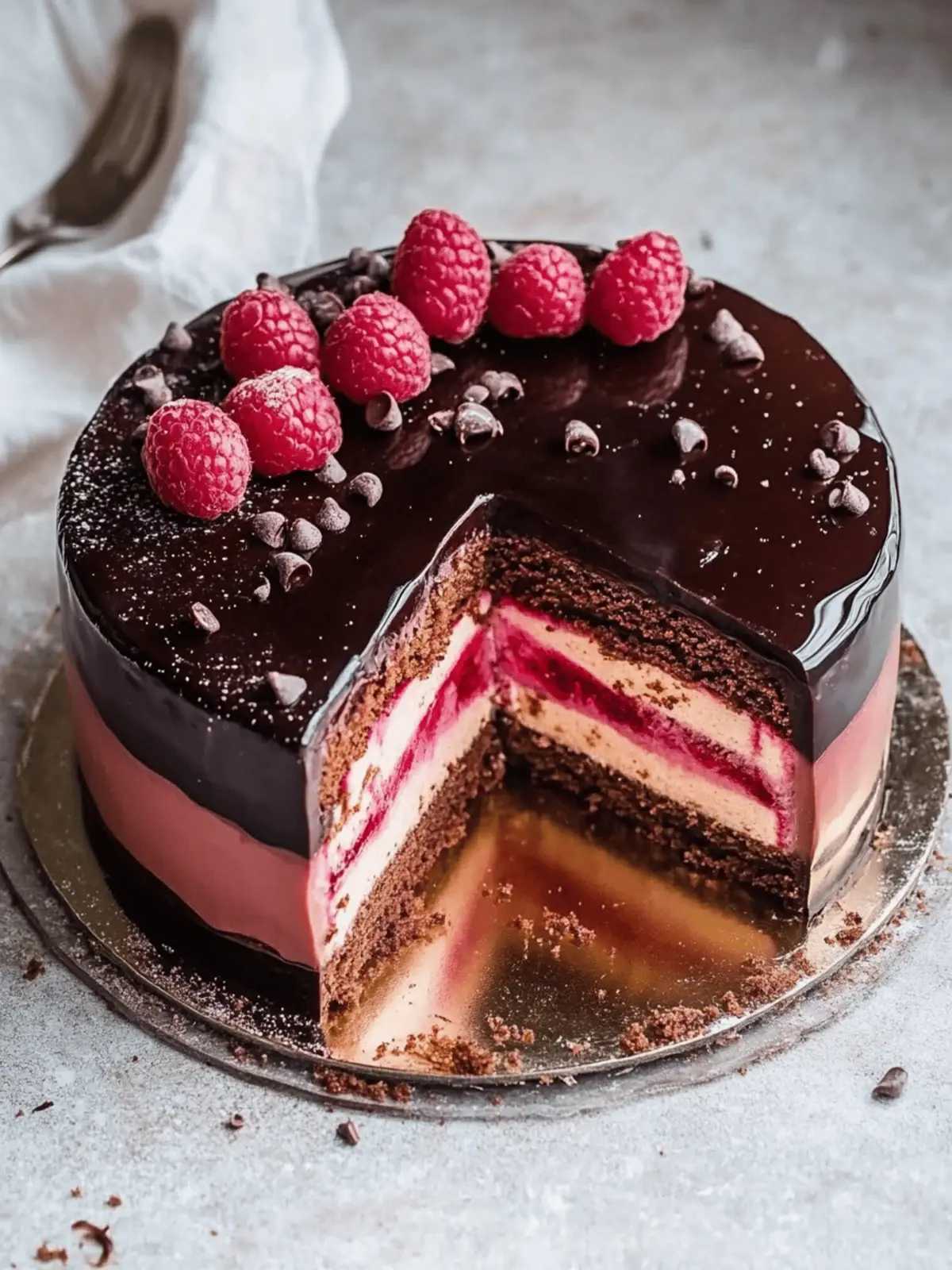 Irresistible Chocolate Raspberry Mousse Cake with Mirror Glaze 3 Chocolate and Raspberry Mousse Cake with Dark Chocolate Mirror Glaze