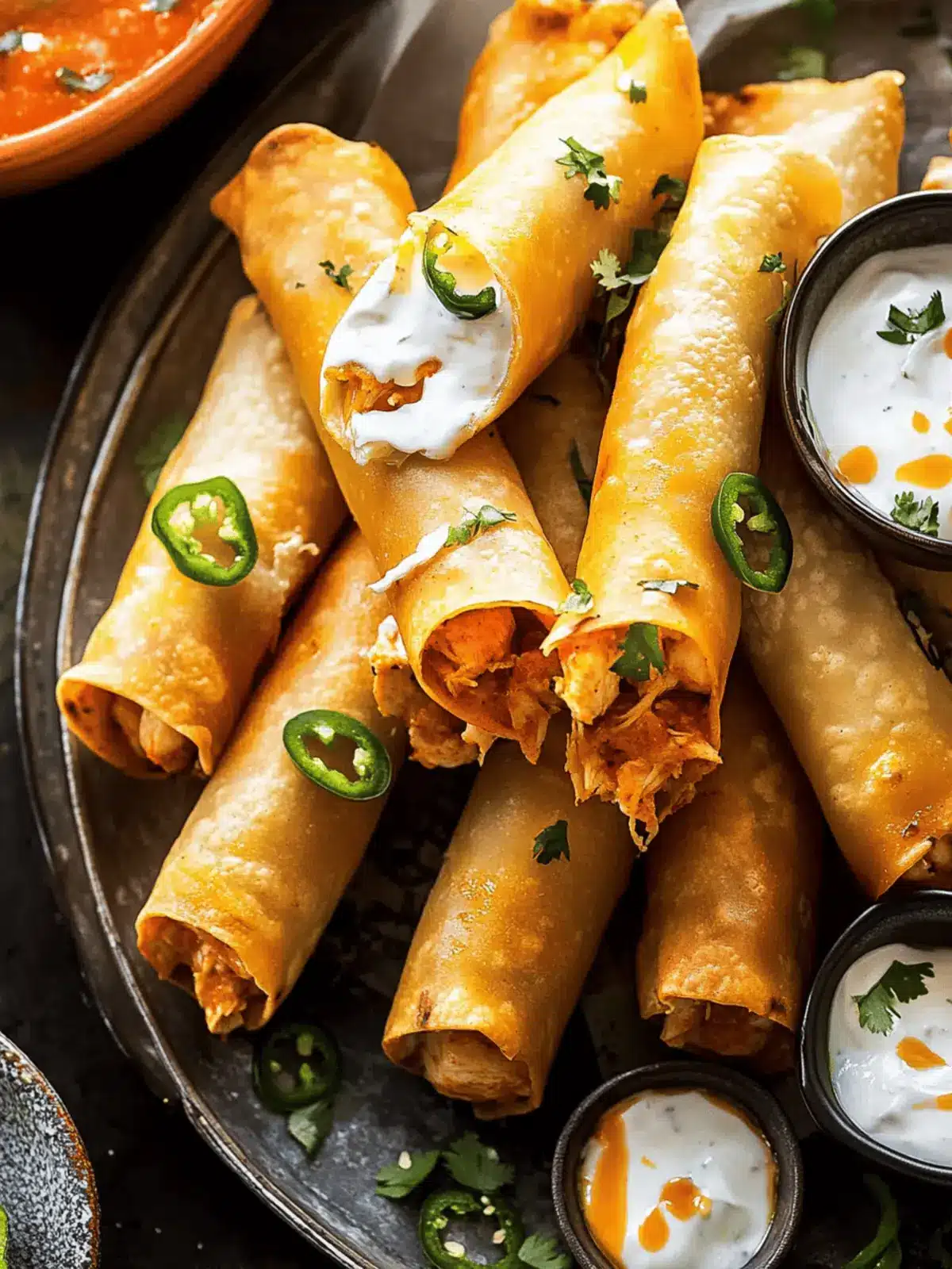Spicy Jalapeño Cream Cheese Chicken Taquitos with Buffalo Sauce 2 Jalapeño Cream Cheese Chicken Taquitos with Buffalo Sauce