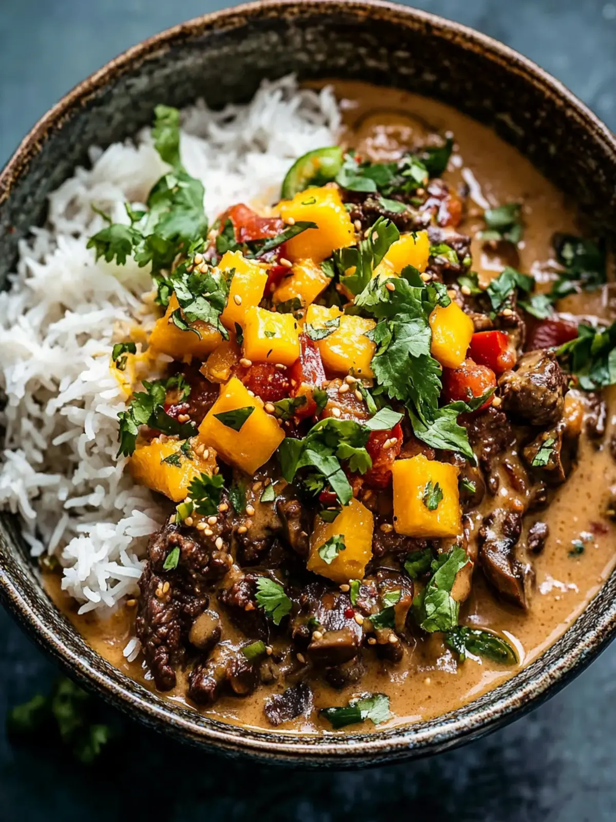 Creamy Peanut Beef Curry with Mushrooms & Fresh Mango Salsa 2 Creamy Peanut Beef Curry with Mushrooms and Bright Mango Salsa