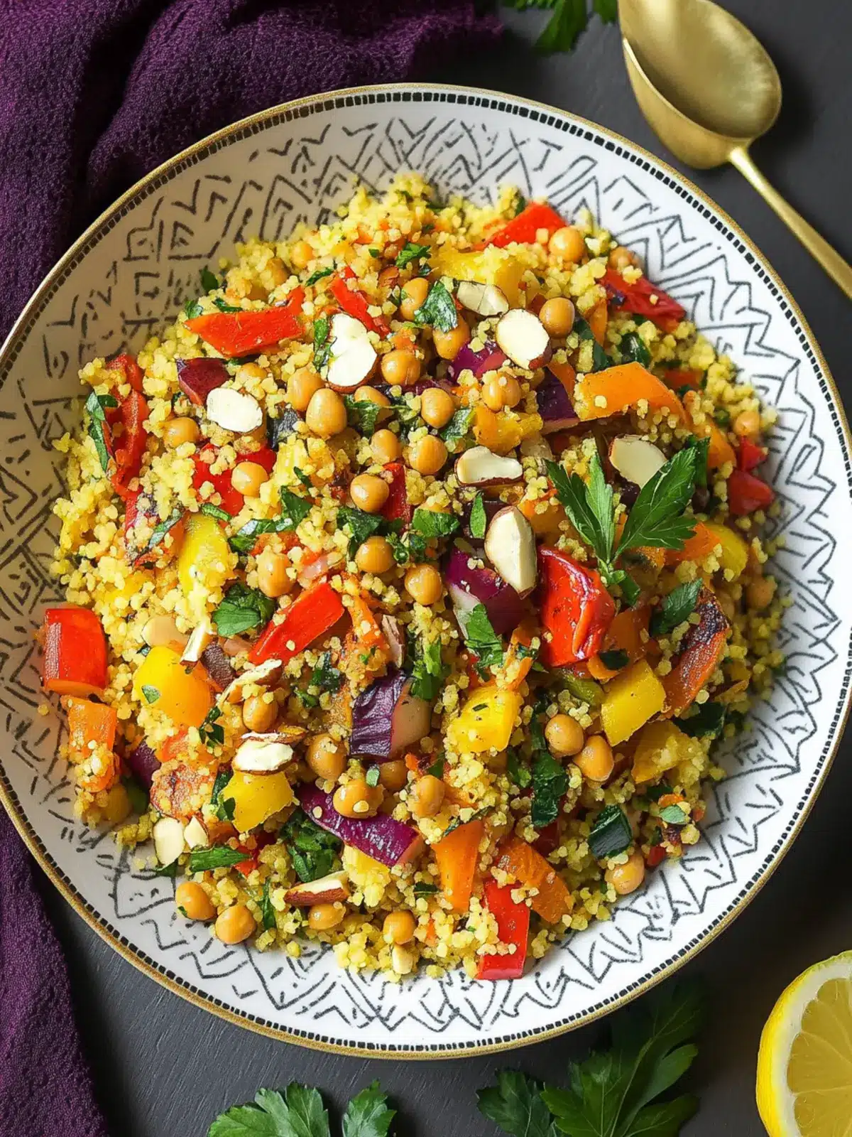 Flavor-Packed Moroccan Couscous with Roasted Veggies & Chick Peas 2 Moroccan Couscous with Roasted Vegetables Chick Peas and Almonds