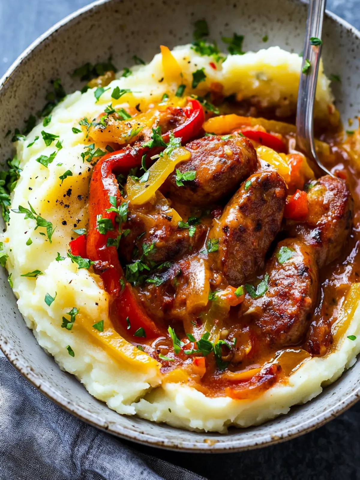 Creamy Sausage and Peppers over Mashed Potatoes Bliss 4 Creamy Sausage and Peppers over Mashed Potatoes