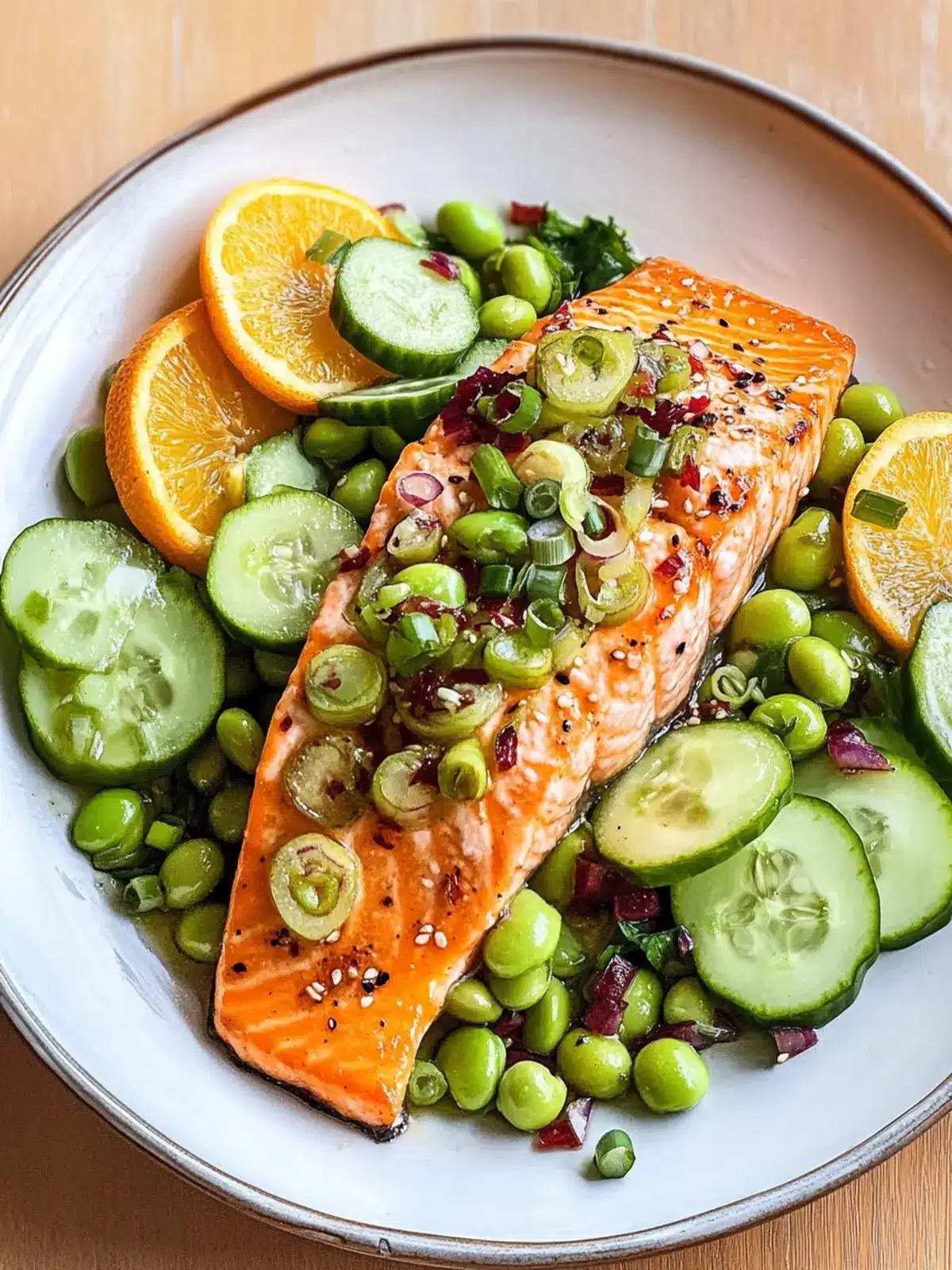 Zesty Orange Salmon with Asian Edamame & Cucumber Salad 2 Orange Salmon with Asian Edamame & Cucumber Salad