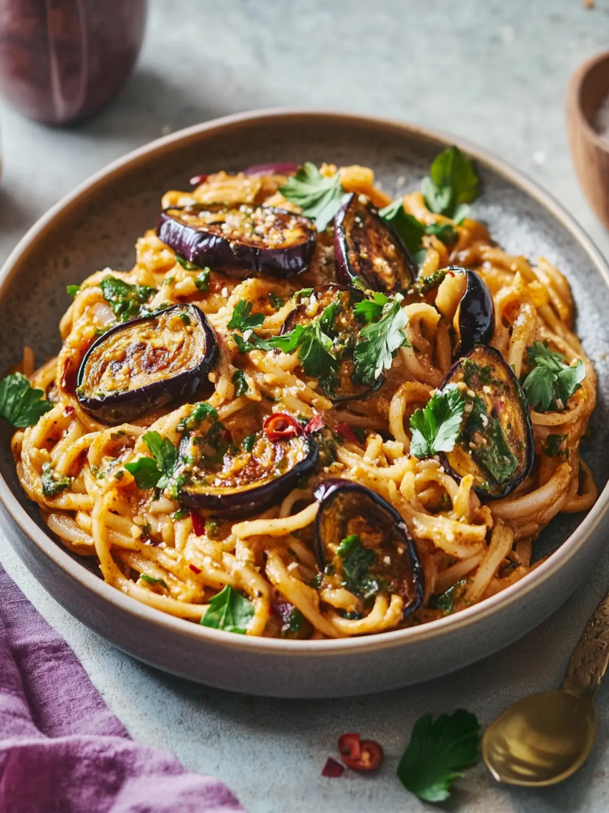 Harissa Tahini Noodles with Charred Aubergines in 30 Mins 4 Harissa Tahini Noodles with Charred Aubergines