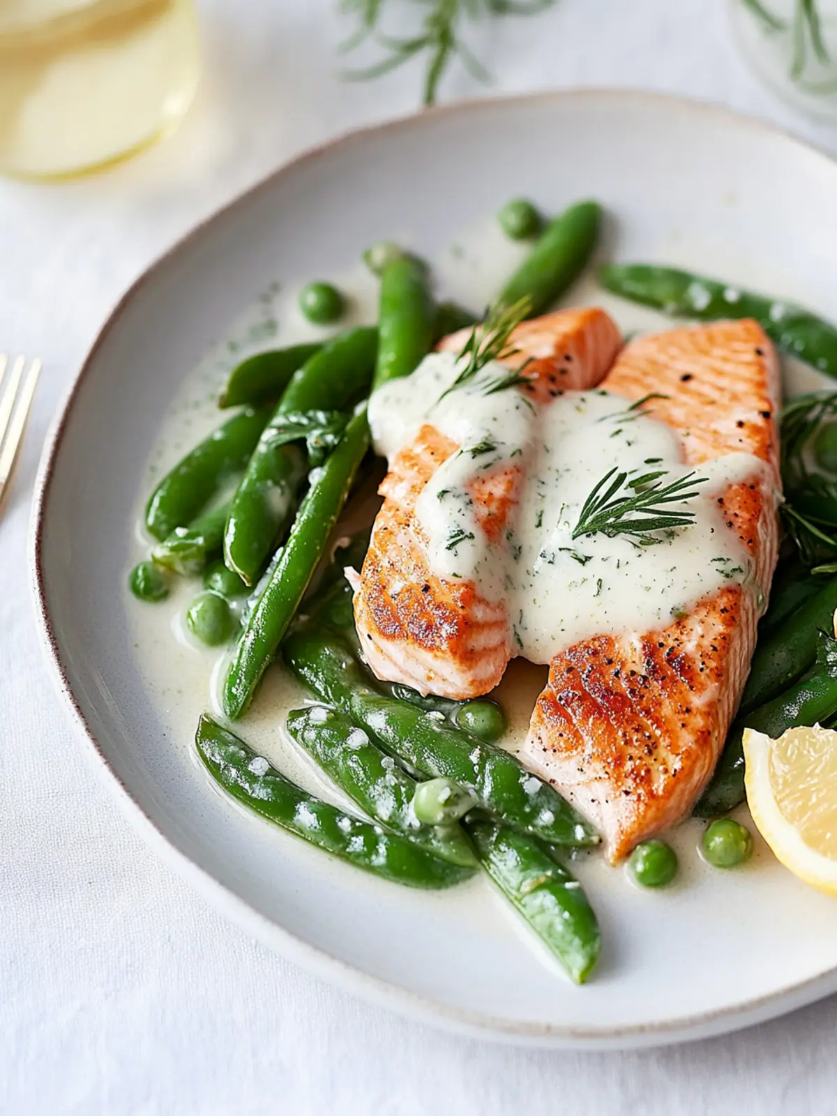 Savory Salmon Fillet with Snap Peas and Lemony Crème Fraîche 4 Salmon Fillet with Snap Peas and Lemony Crème Fraîche Dressing
