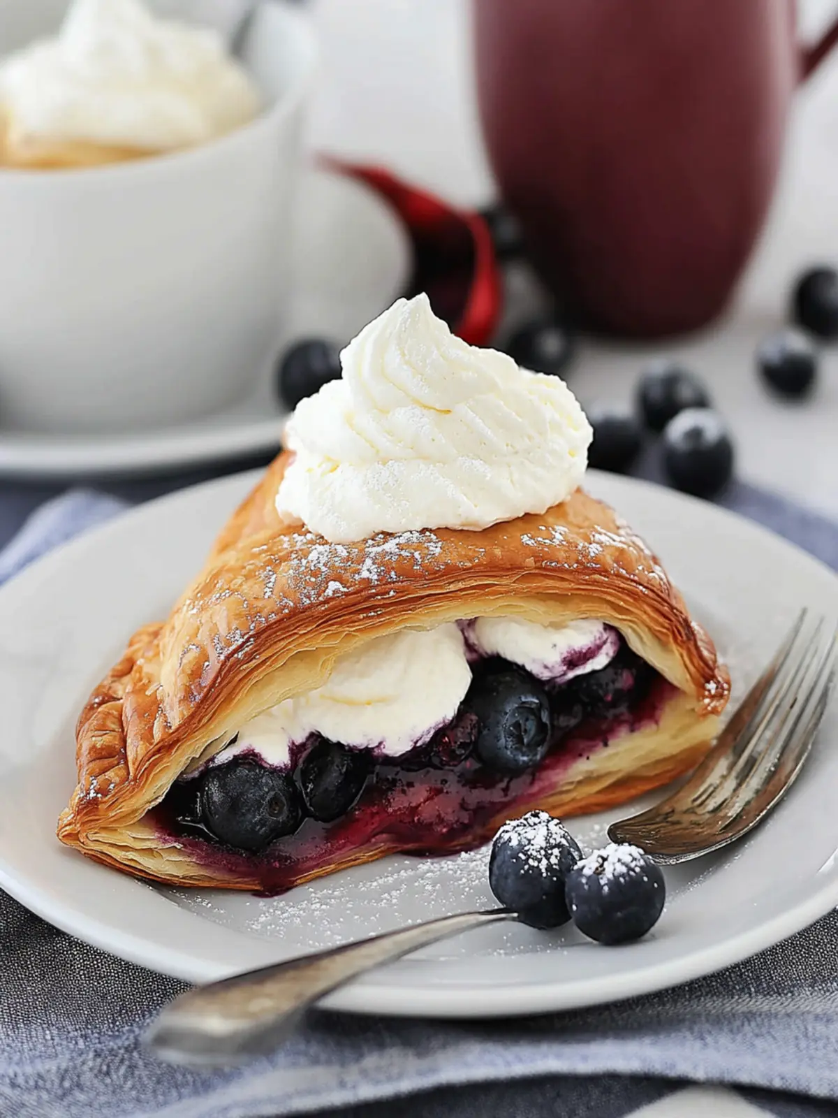 Delicious Puff Pastry with Mascarpone Whipped Cream & Blueberry Sauce 3 Puff Pastry with Mascarpone Whipped Cream and Blueberry Sauce