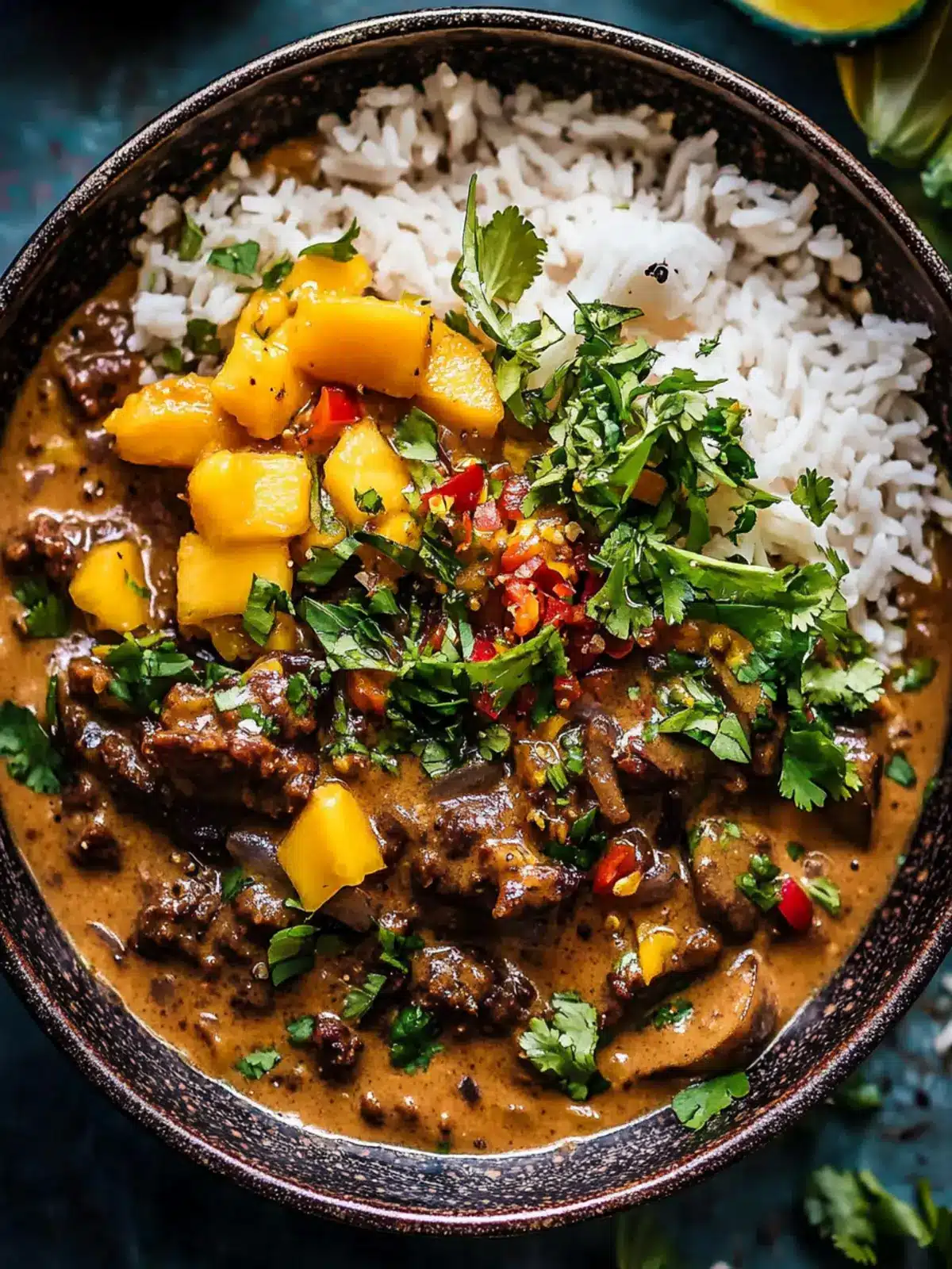 Creamy Peanut Beef Curry with Mushrooms & Fresh Mango Salsa 4 Creamy Peanut Beef Curry with Mushrooms and Bright Mango Salsa