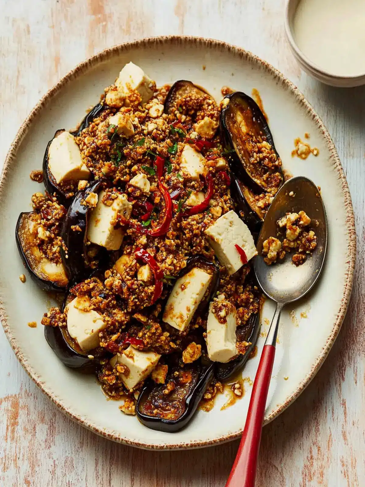 Aubergine and Silken Tofu with Tahini: A Spicy Delight 2 Aubergine and silken tofu with tahini, crispy chilli and spring onions