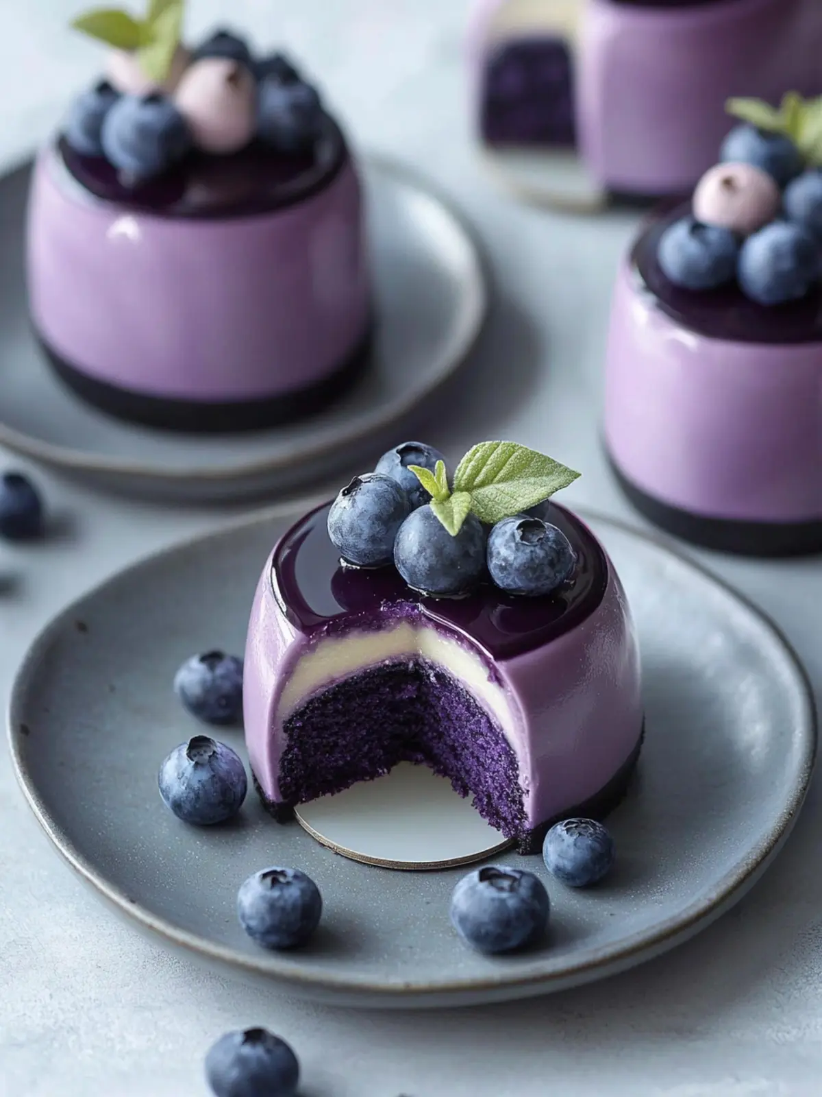 Mini Blueberry Mousse Cakes with Mirror Glaze to Wow Your Guests 2 Mini Blueberry Mousse Cakes with Mirror Glaze