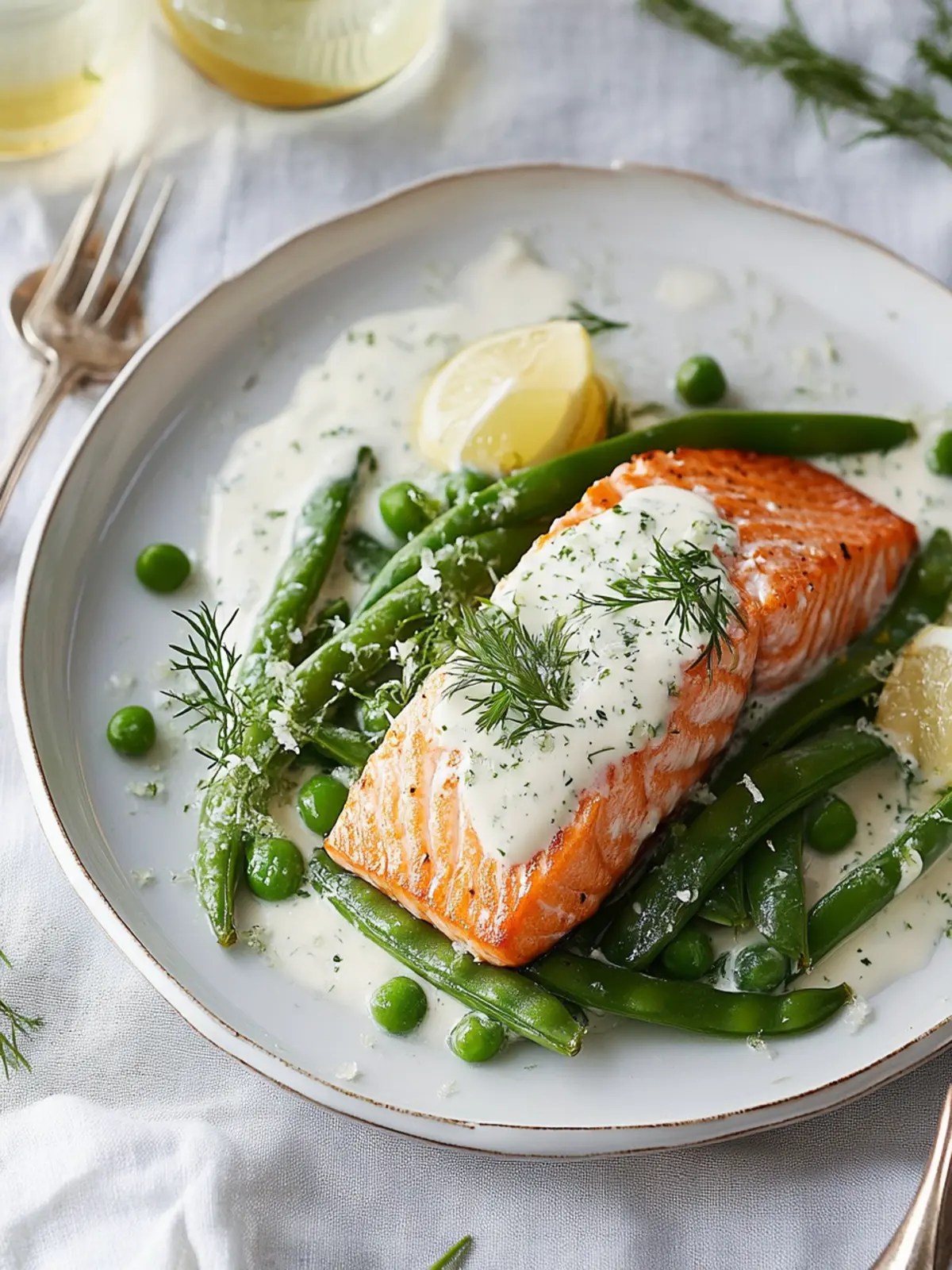 Savory Salmon Fillet with Snap Peas and Lemony Crème Fraîche 3 Salmon Fillet with Snap Peas and Lemony Crème Fraîche Dressing