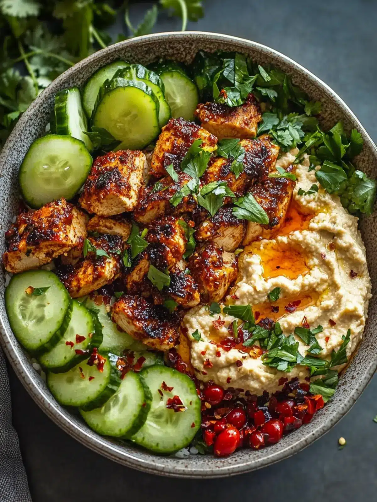 Spicy Garlic Chicken Bowls with Hummus and Crunchy Salad 4 Spicy Garlic Chicken Bowls with Hummus and Cucumber Salad