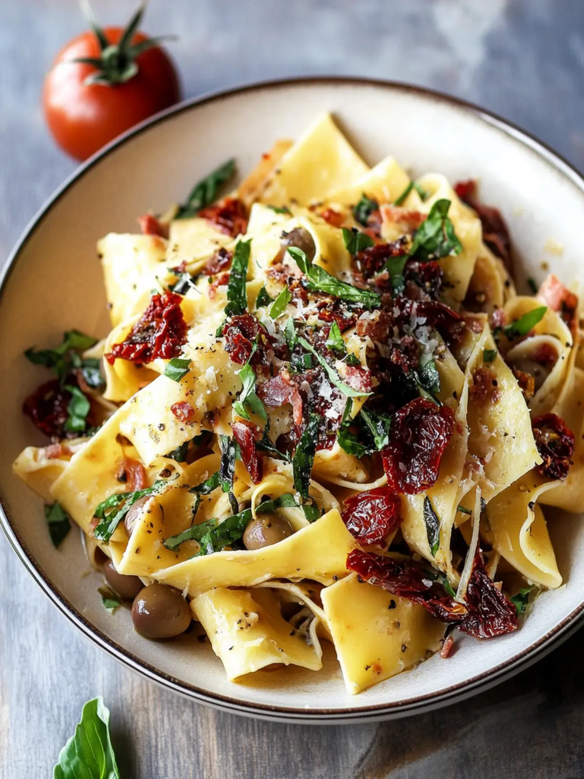 Savor Pappardelle Pasta with Olive Tapenade & Prosciutto Delight 4 Pappardelle Pasta with Olive Tapenade Sundried Tomatoes & Prosciutto