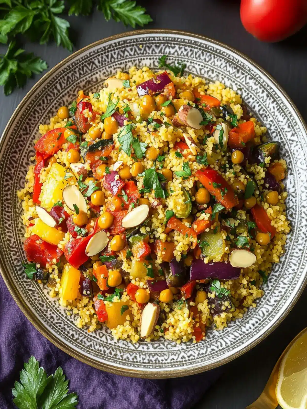 Flavor-Packed Moroccan Couscous with Roasted Veggies & Chick Peas 4 Moroccan Couscous with Roasted Vegetables Chick Peas and Almonds