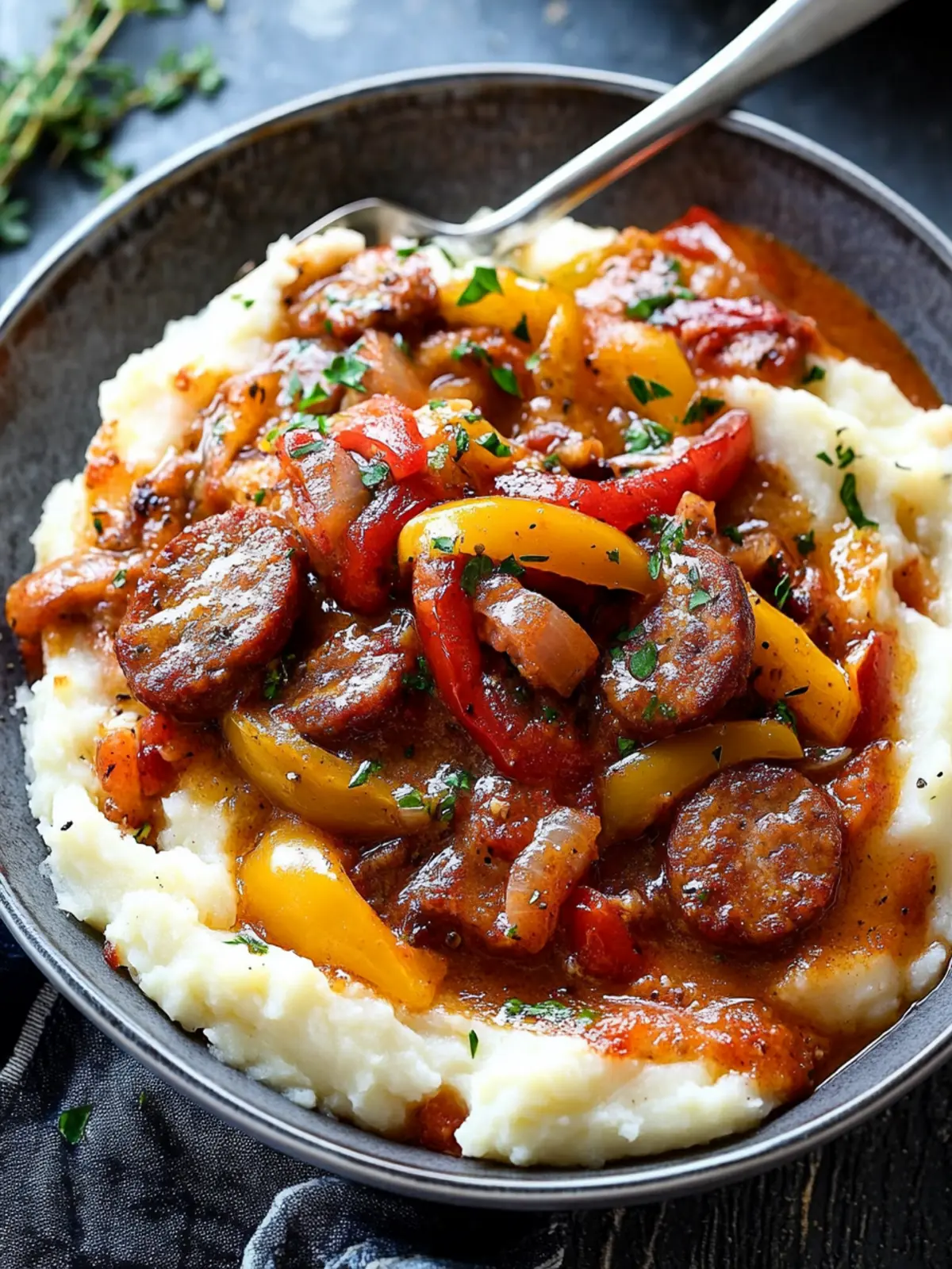Creamy Sausage and Peppers over Mashed Potatoes Bliss 3 Creamy Sausage and Peppers over Mashed Potatoes