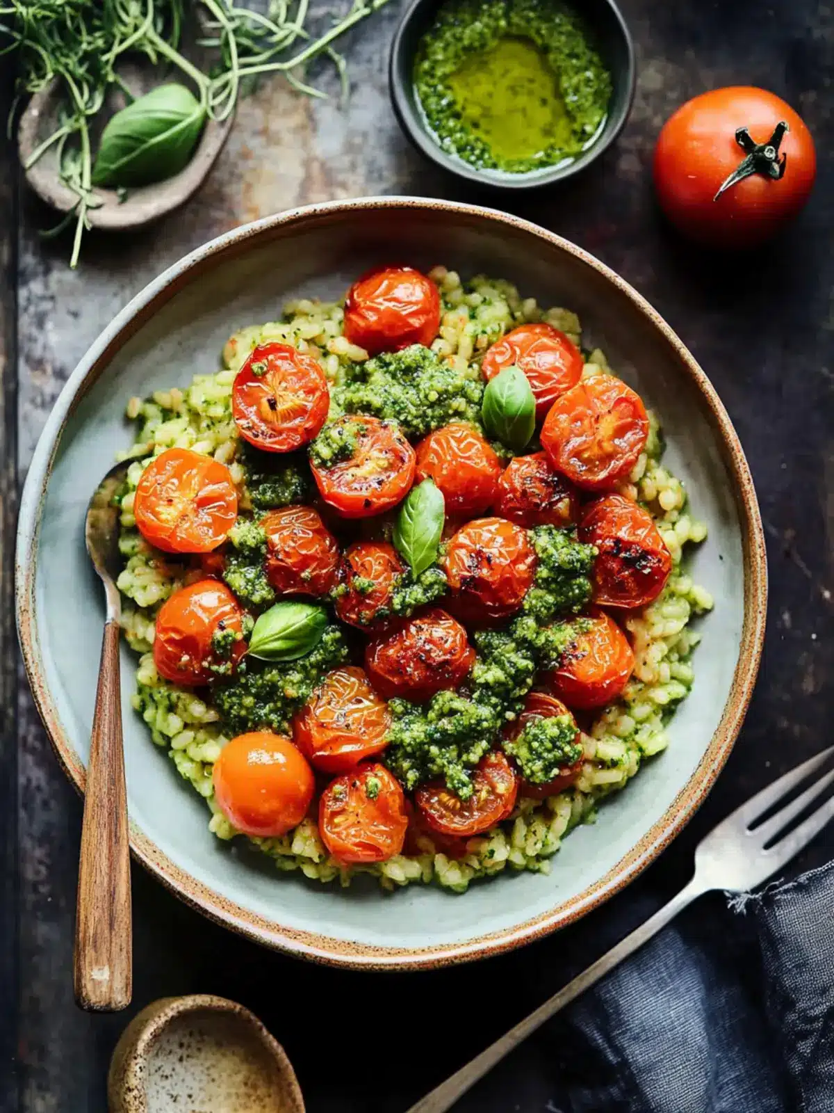 Roast Cherry Tomato and Thyme Risotto with Basil Pesto Bliss 2 Roast Cherry Tomato and Thyme Risotto with Basil Pesto