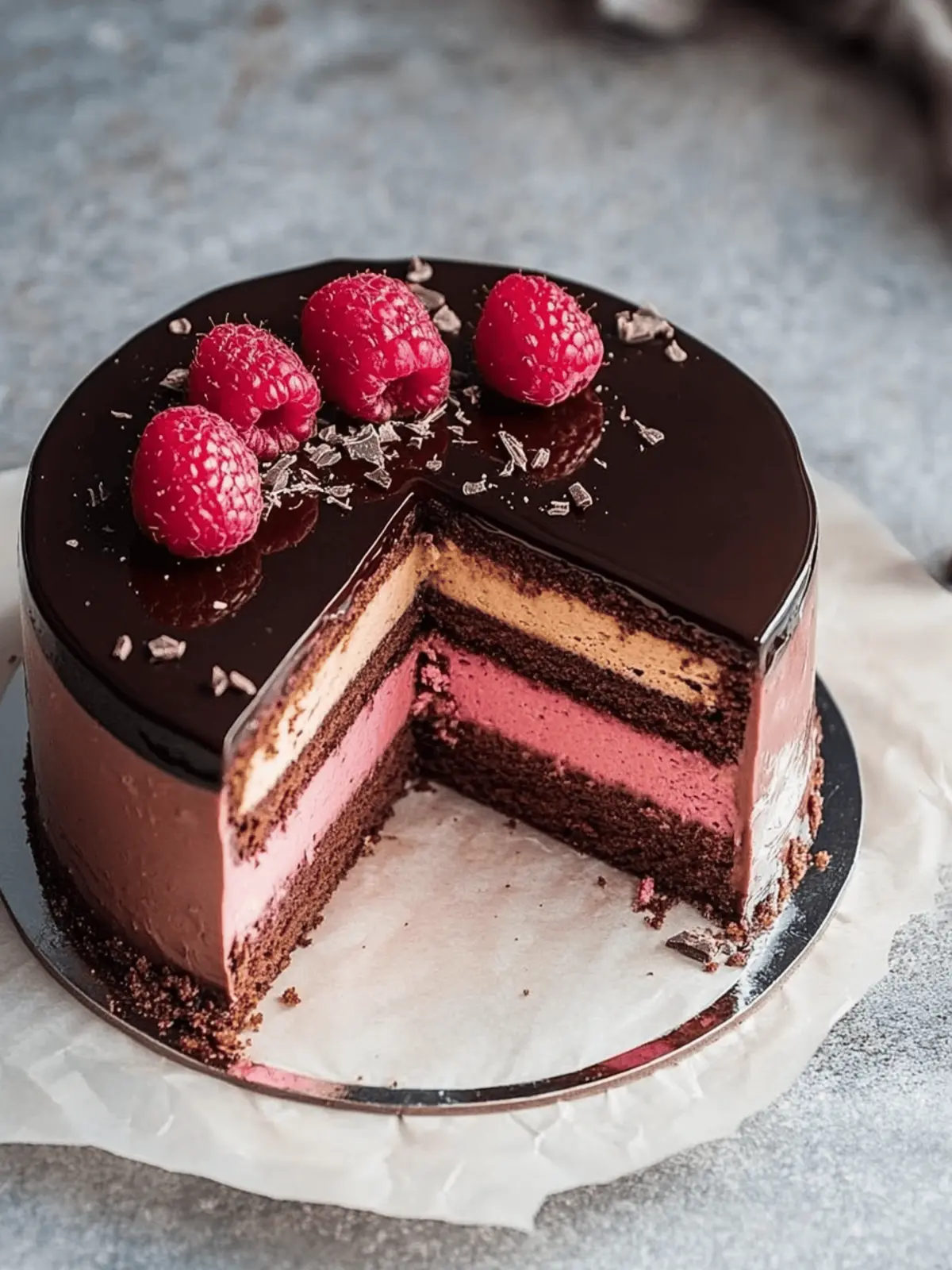 Irresistible Chocolate Raspberry Mousse Cake with Mirror Glaze 2 Chocolate and Raspberry Mousse Cake with Dark Chocolate Mirror Glaze