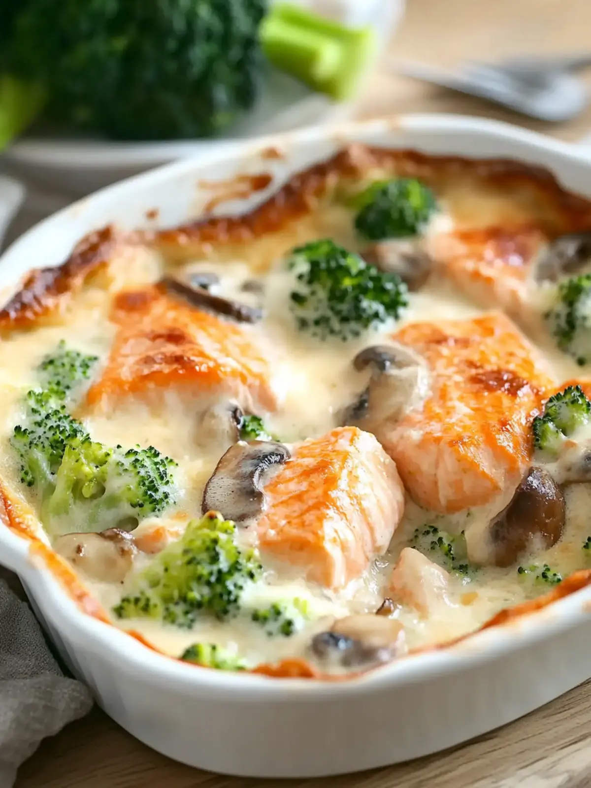 Delicious Salmon Gratin with Creamy Mushroom, Broccoli, Mozzarella 2 Salmon Gratin with Creamy Mushroom, Broccoli, and Mozzarella Cheese