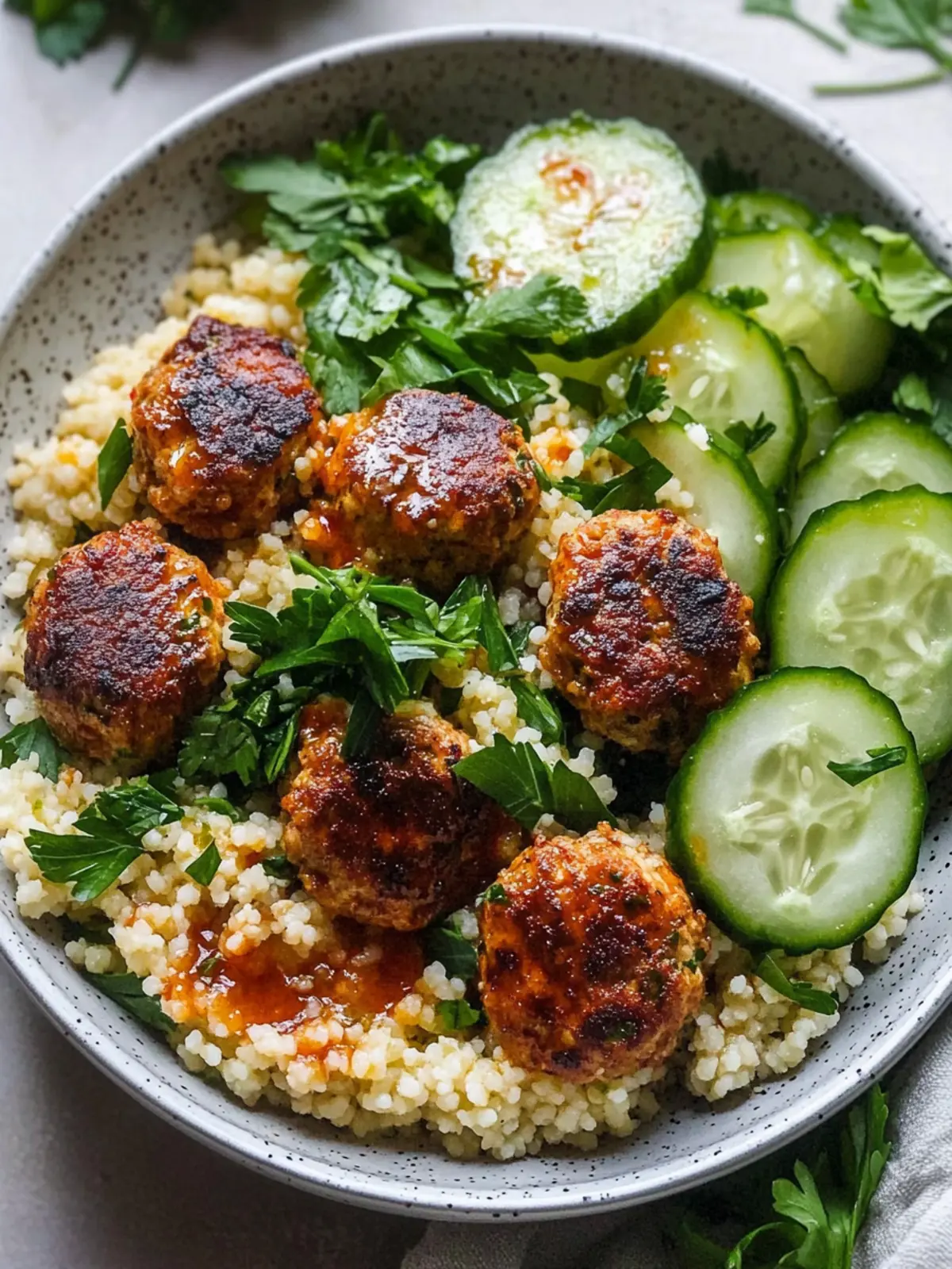 Harissa Chicken Meatballs with Couscous and Cucumber Salad Bliss 3 Harissa Chicken Meatballs with Couscous and Cucumber Herb Salad