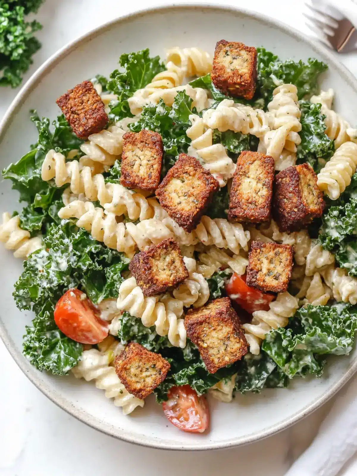 Kale Miso Caesar Pasta Salad with Smoky Tempeh Delight 4 Kale Miso Caesar Pasta Salad with Smoky Tempeh