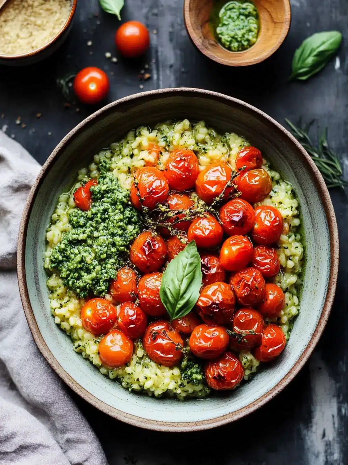 Roast Cherry Tomato and Thyme Risotto with Basil Pesto Bliss 4 Roast Cherry Tomato and Thyme Risotto with Basil Pesto
